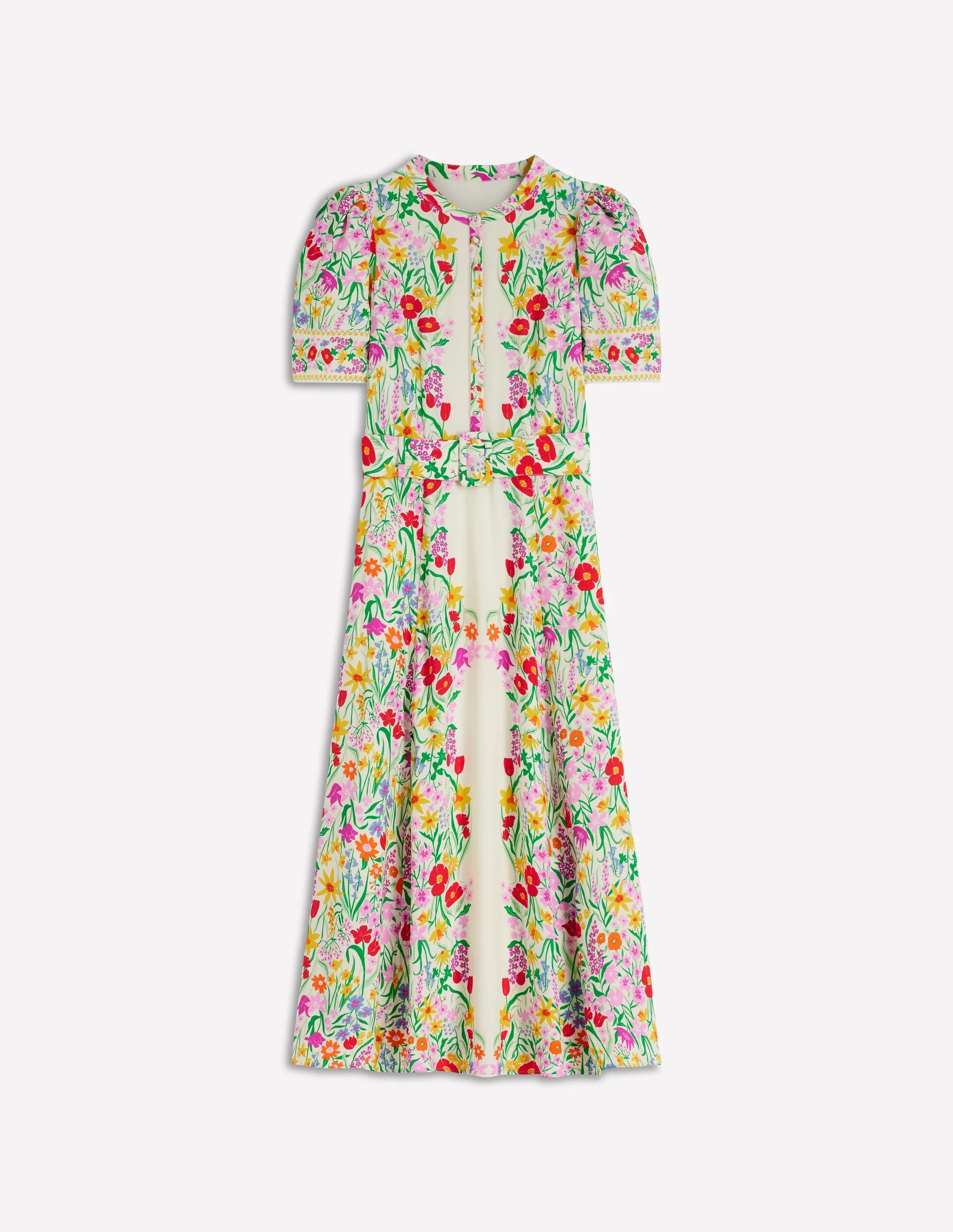 Kate Puff Sleeve Belted Dress-Ivory, Elegant Garden - 1