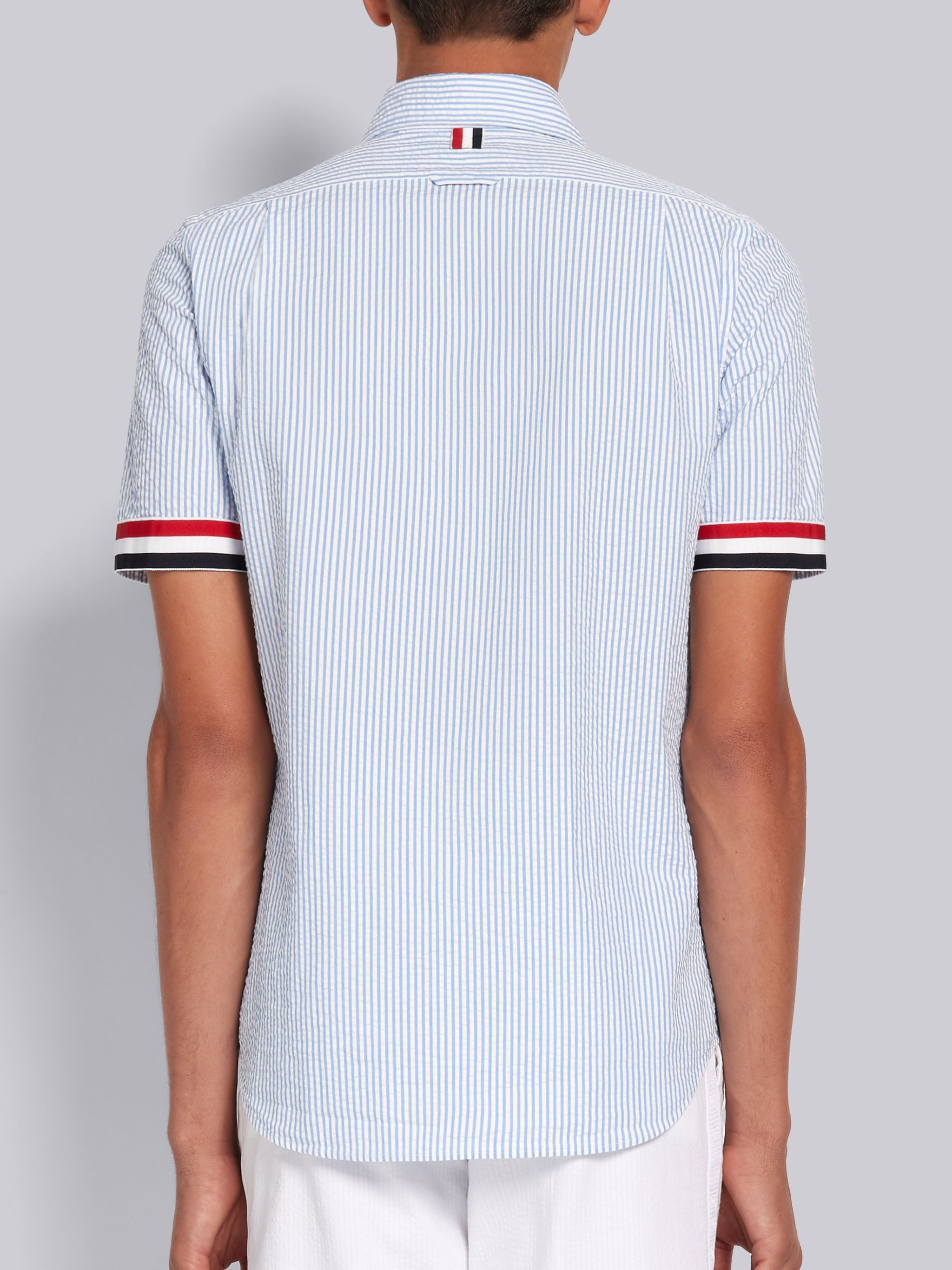 Light Blue Cotton Seersucker Grosgrain Cuff Straight Fit Short Sleeve Shirt - 4