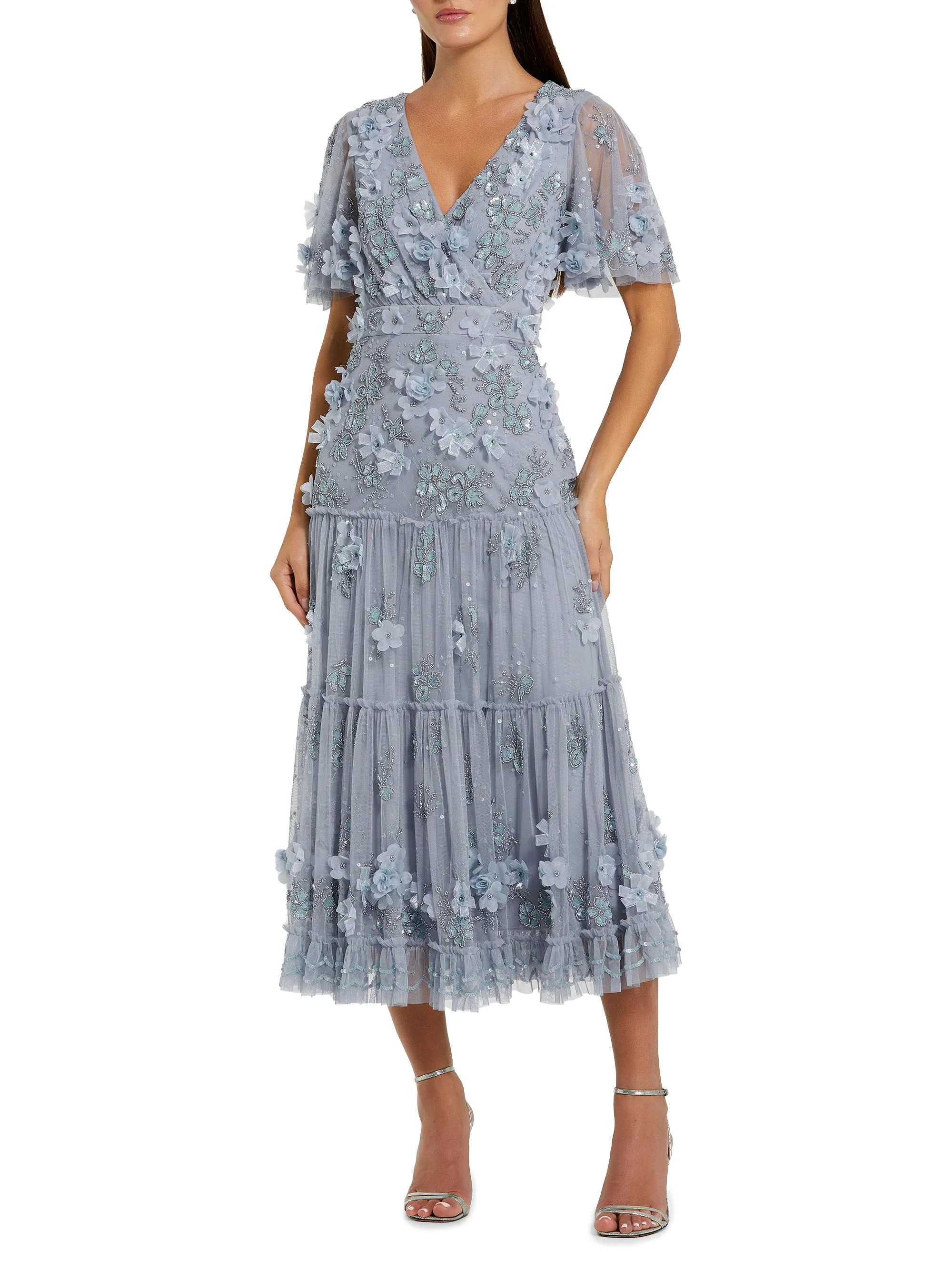 Women's Floral Embellished Tiered Midi-Dress - Powder Blue - 1
