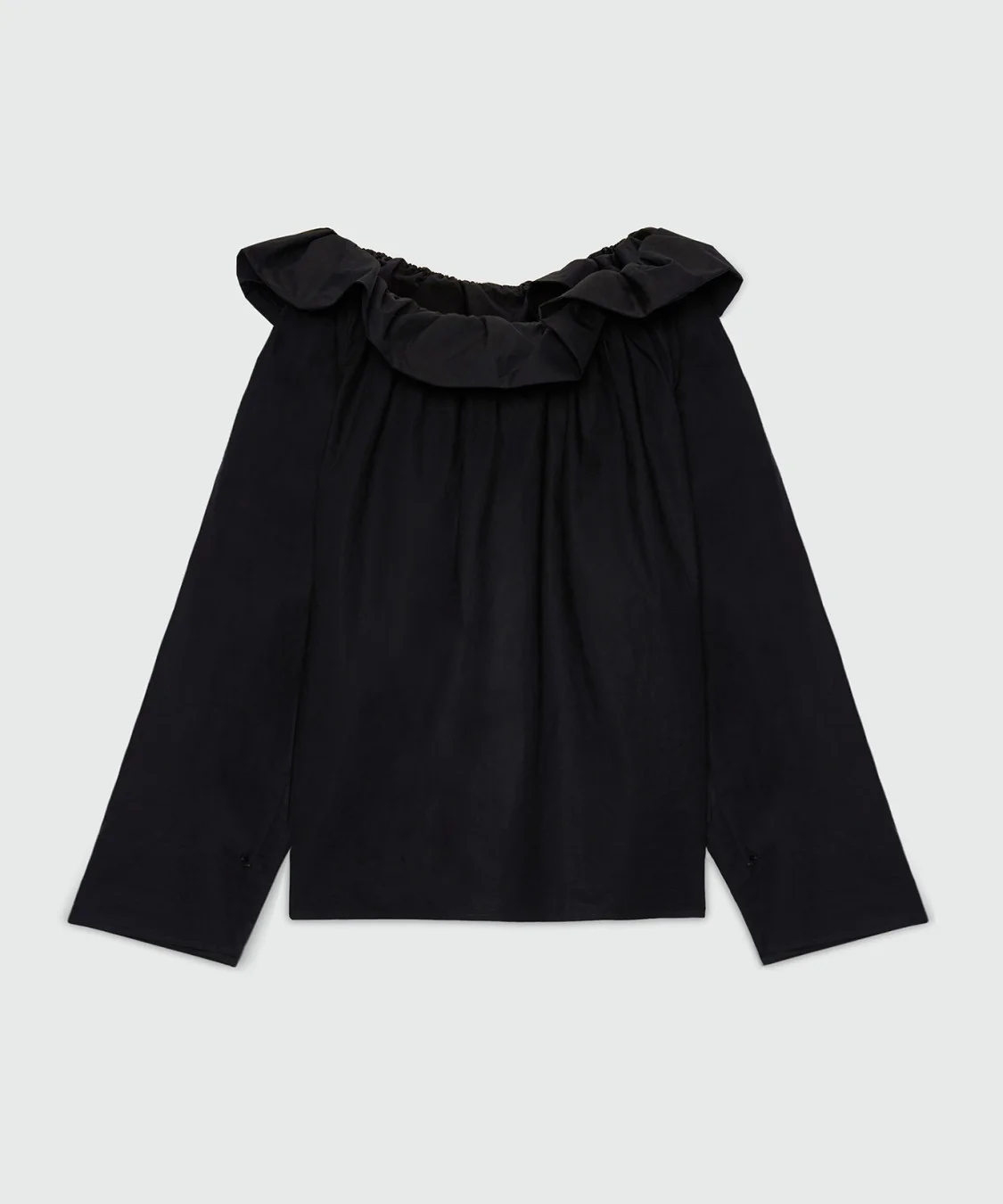 Black cotton poplin blouse with maxi ruffle. - 1