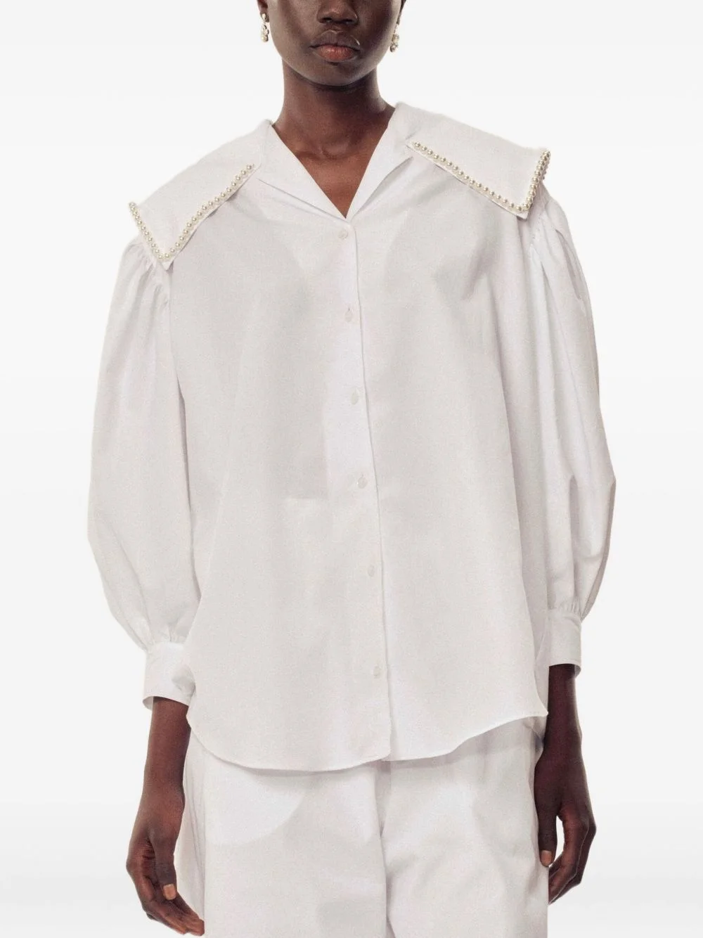 pearl-trimmed puff-sleeve shirt - 1