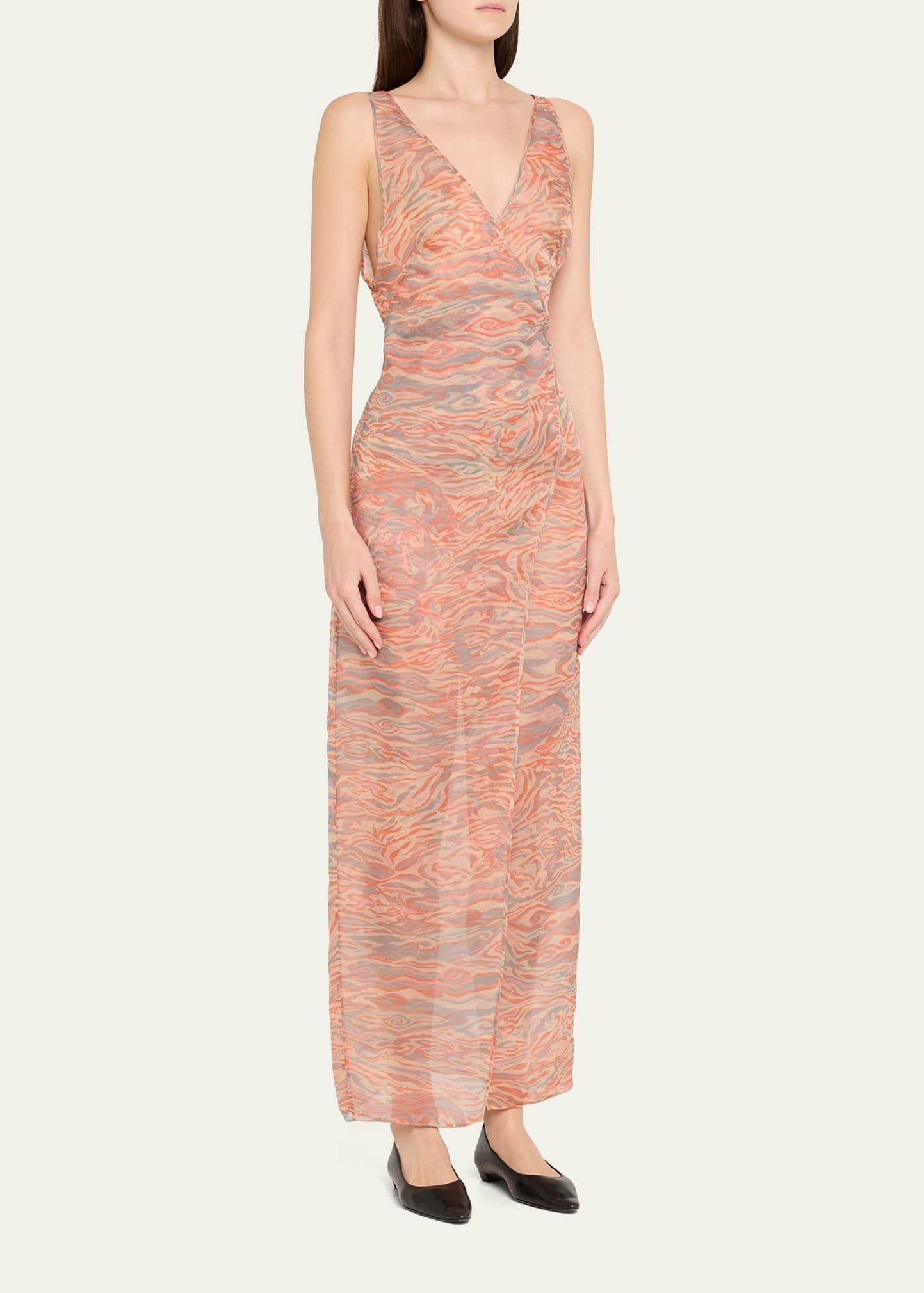Abstract Semi-Sheer Wrap Silk Dress - 4