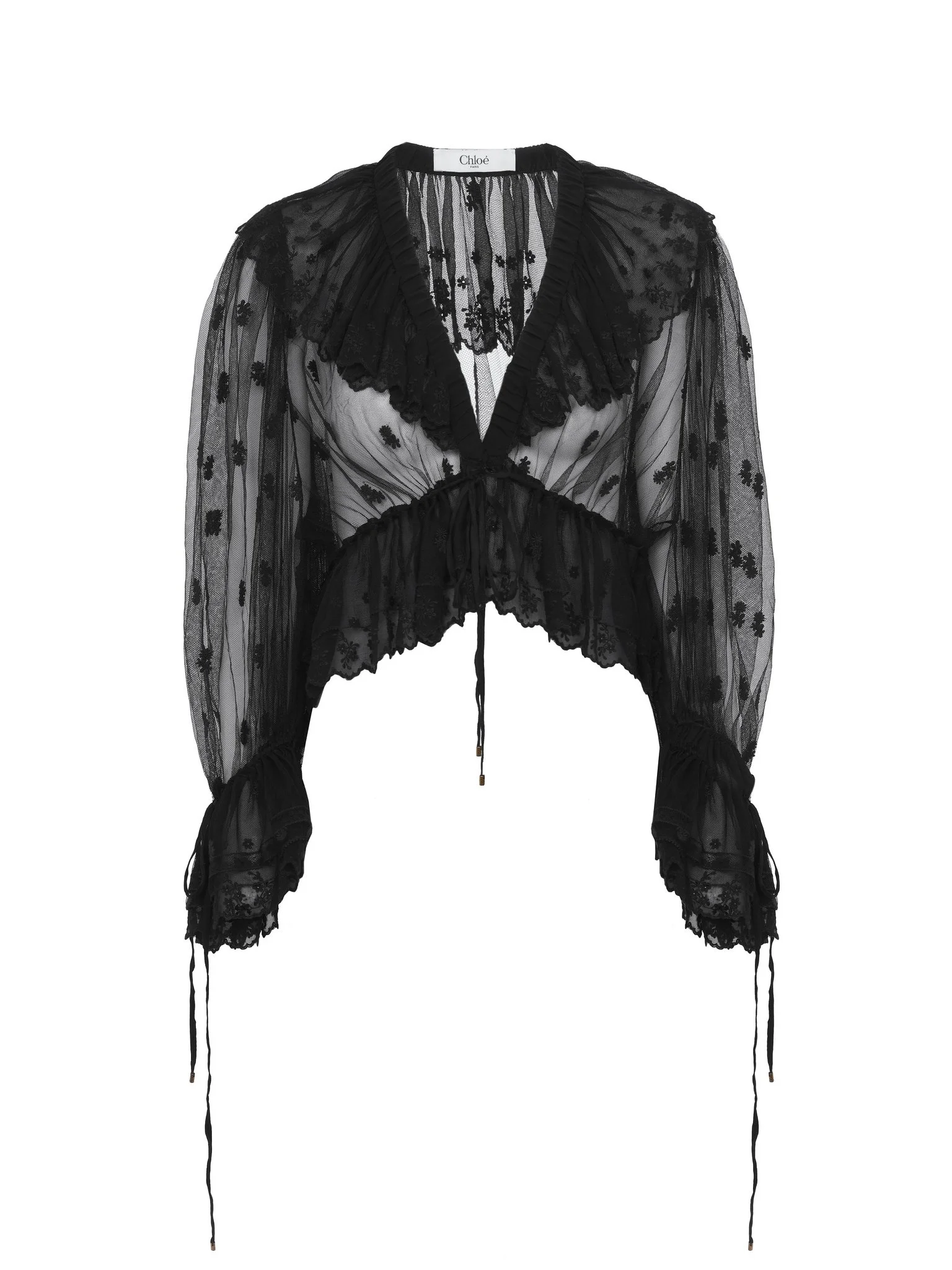 V-NECK RUFFLE TOP IN EMBROIDERED LACE - 1