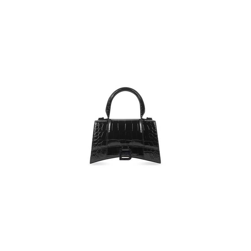Women's Hourglass Xs Handbag Crocodile Embossed With Rhinestones in Black - 1