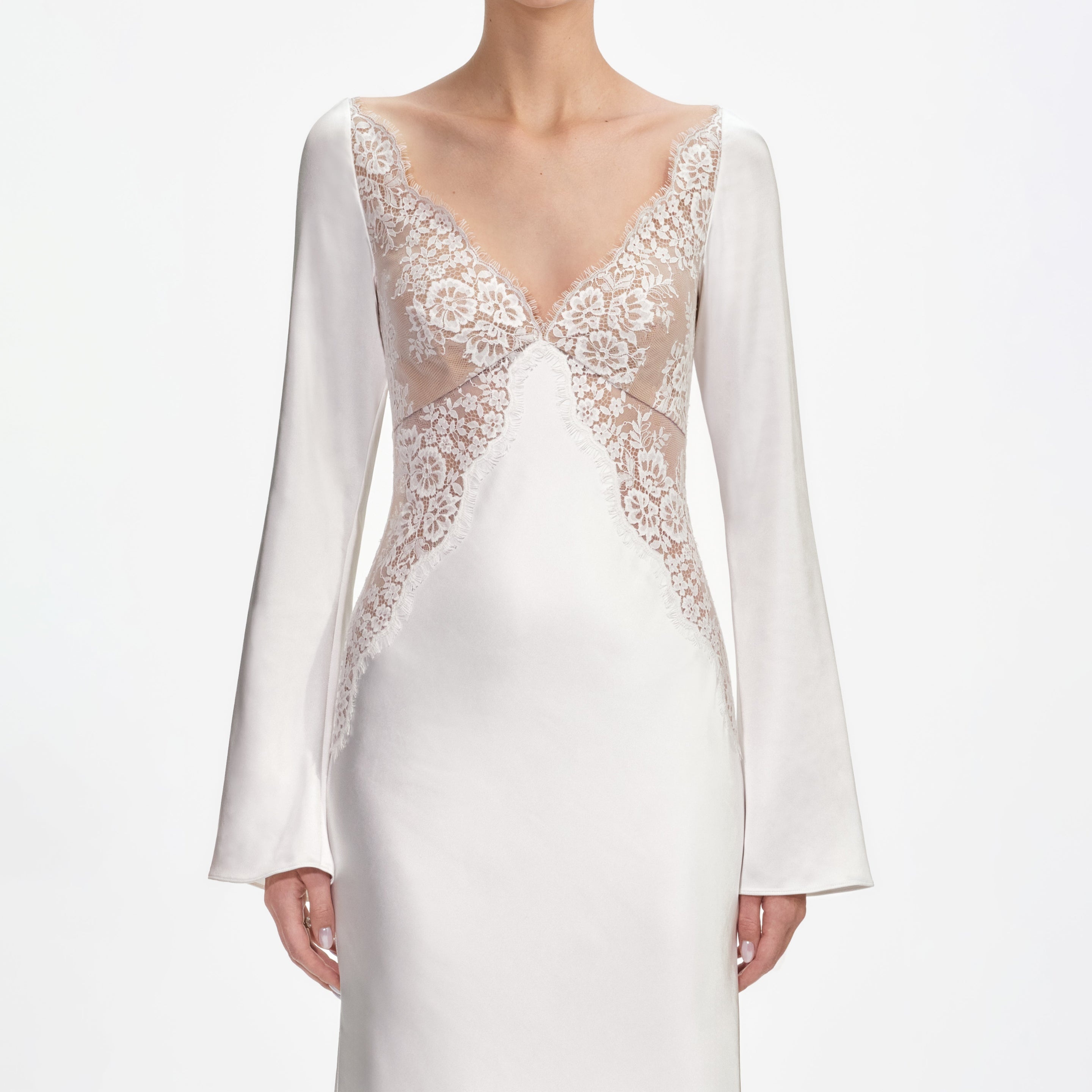 White Lace Satin Long Sleeve Maxi Dress - 4