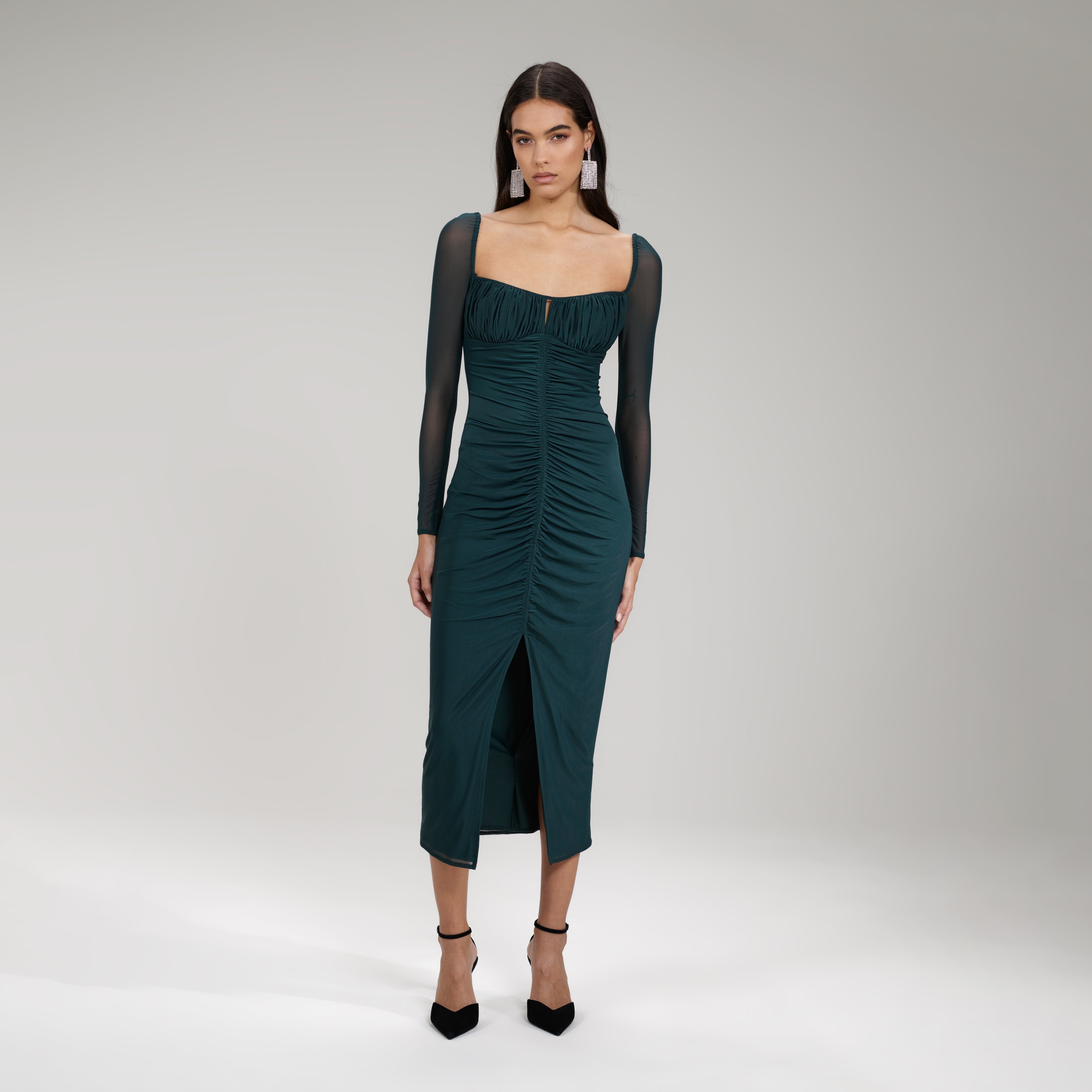 self-portrait Dark Green Powermesh Ruched Midi Dress | REVERSIBLE