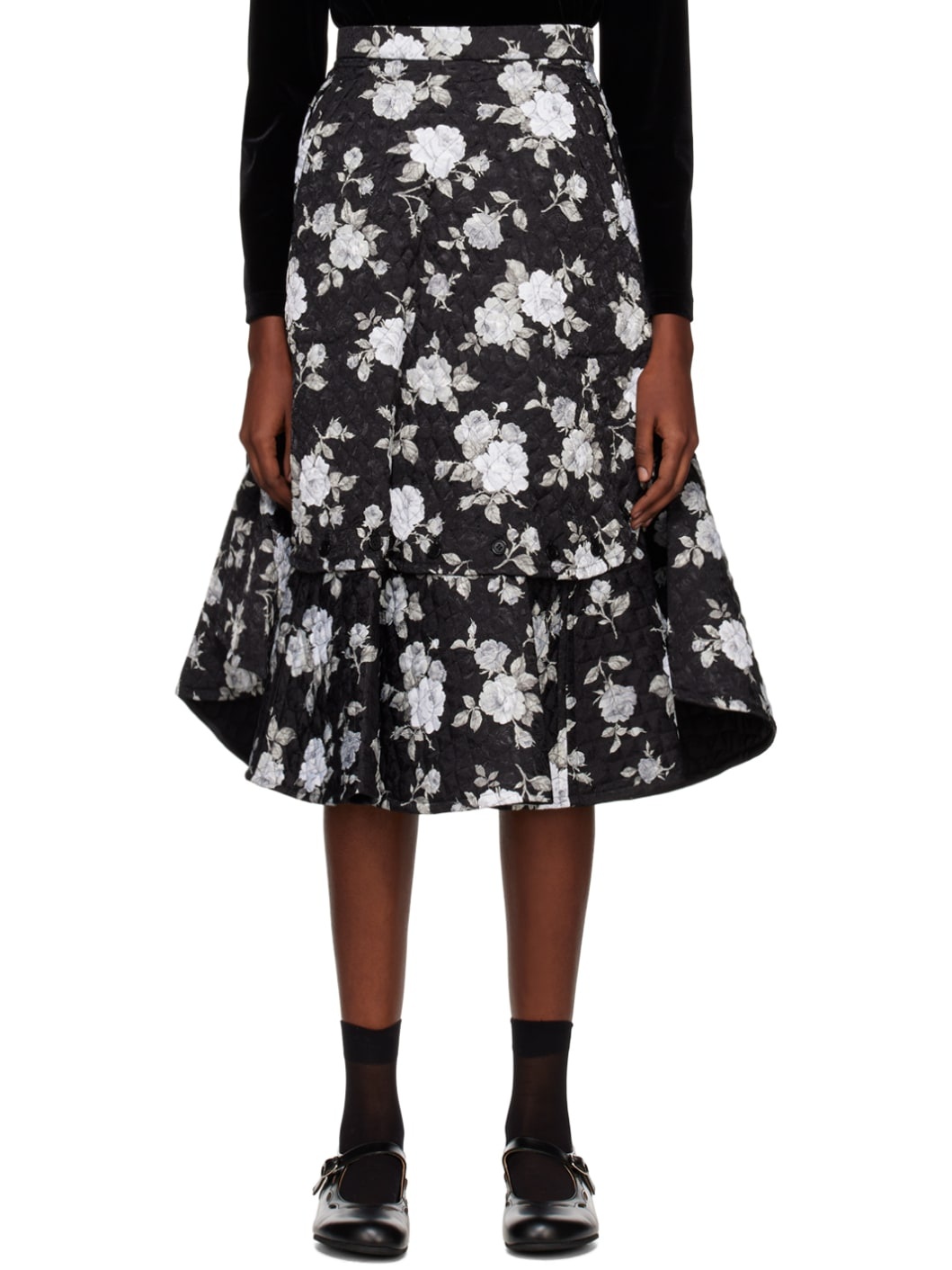 Black Quilted Midi Skirt - 1