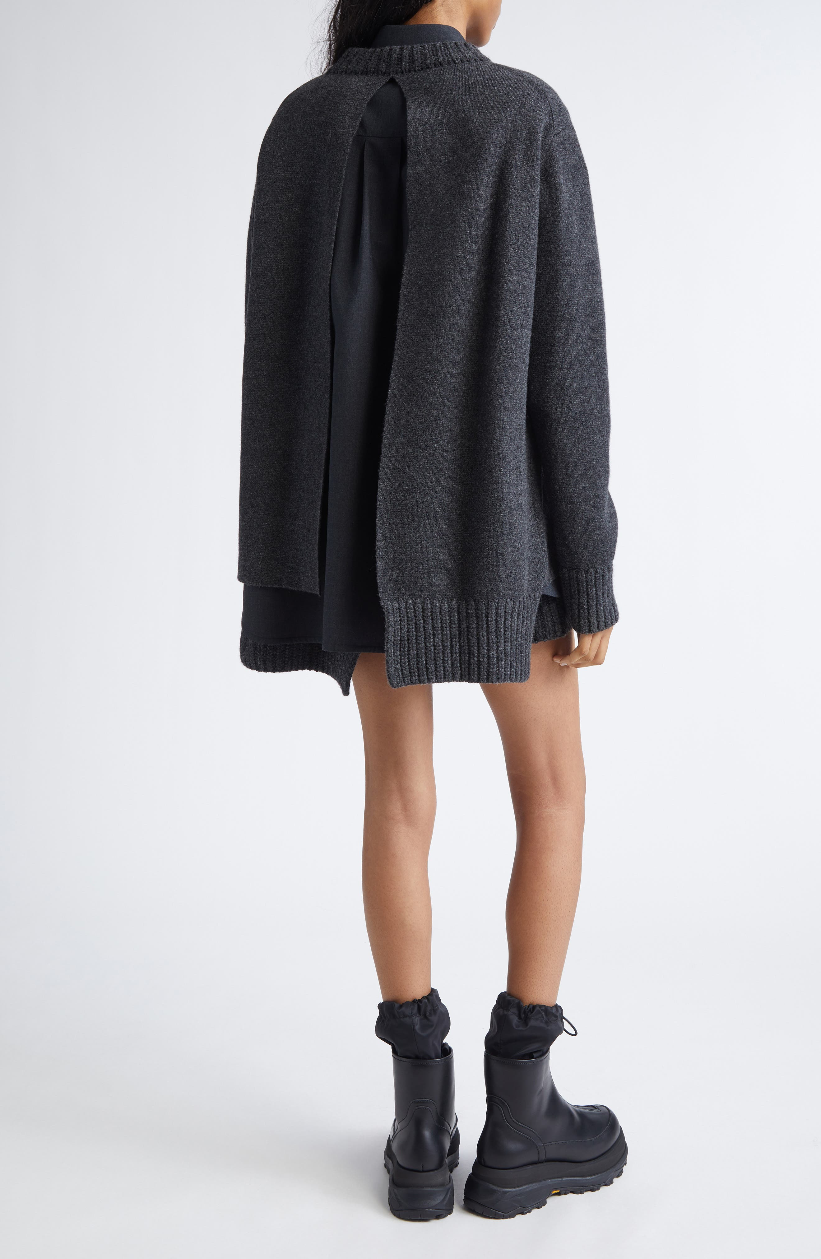 Sacai Mixed Media Long Sleeve Wool Suiting & Knit Sweater Dress in Charcoal Gray at Nordstrom - 2