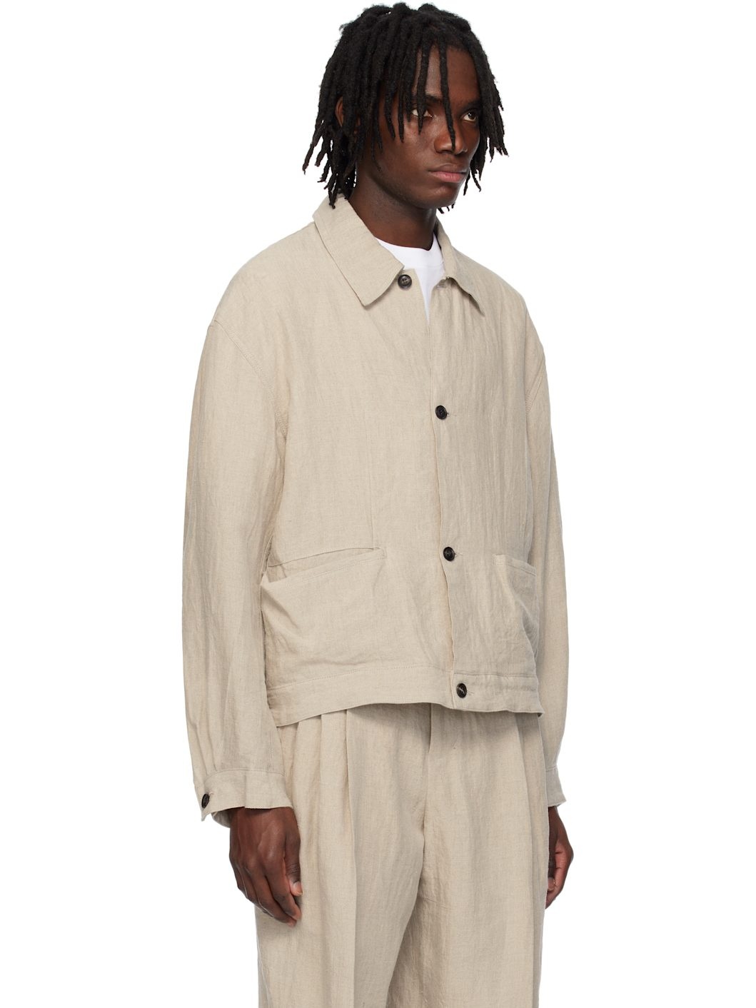 Beige Linen Washer Manipulation Drape Pocket Jacket - 2