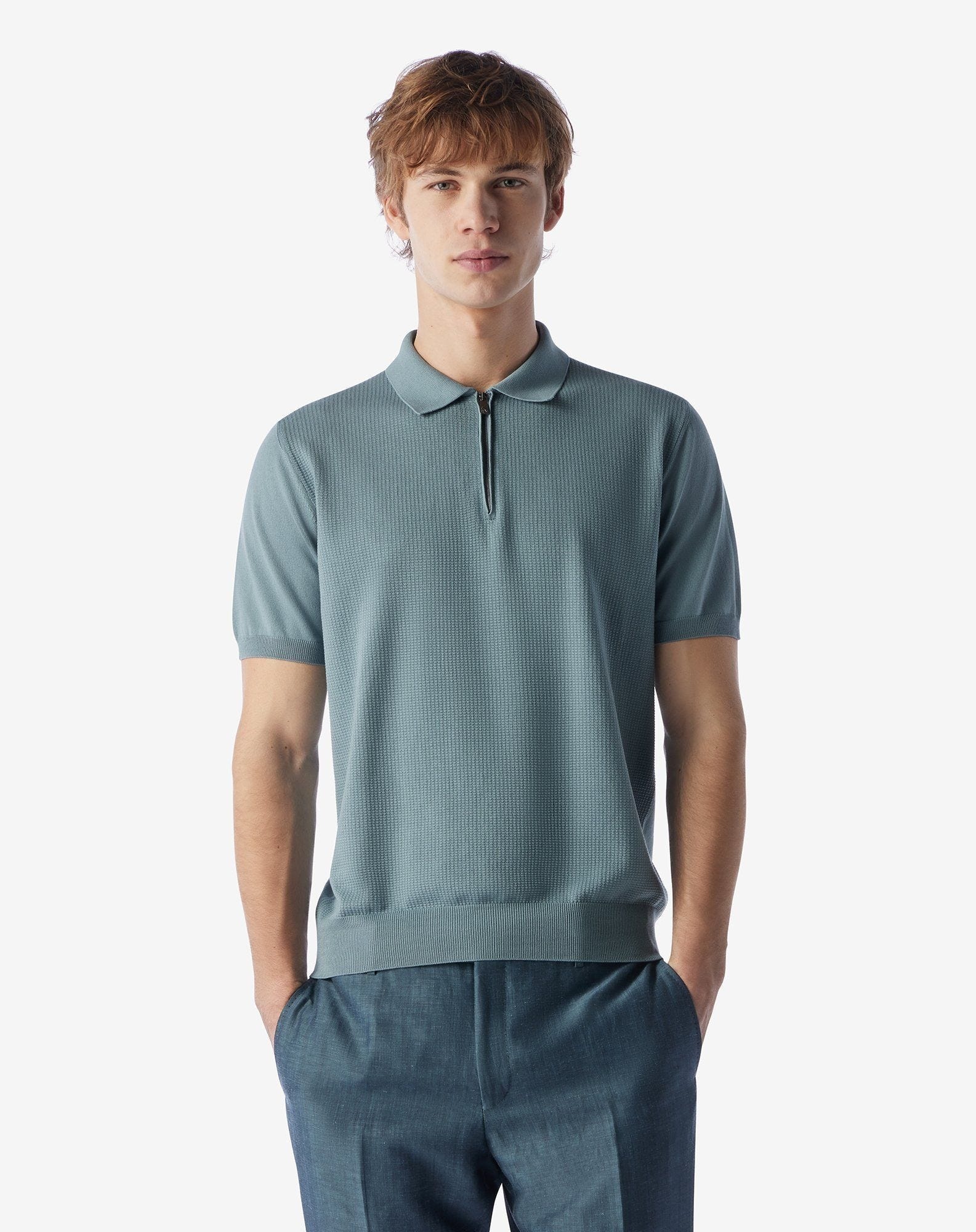 Blue green zip-up Pima cotton polo shirt - 2