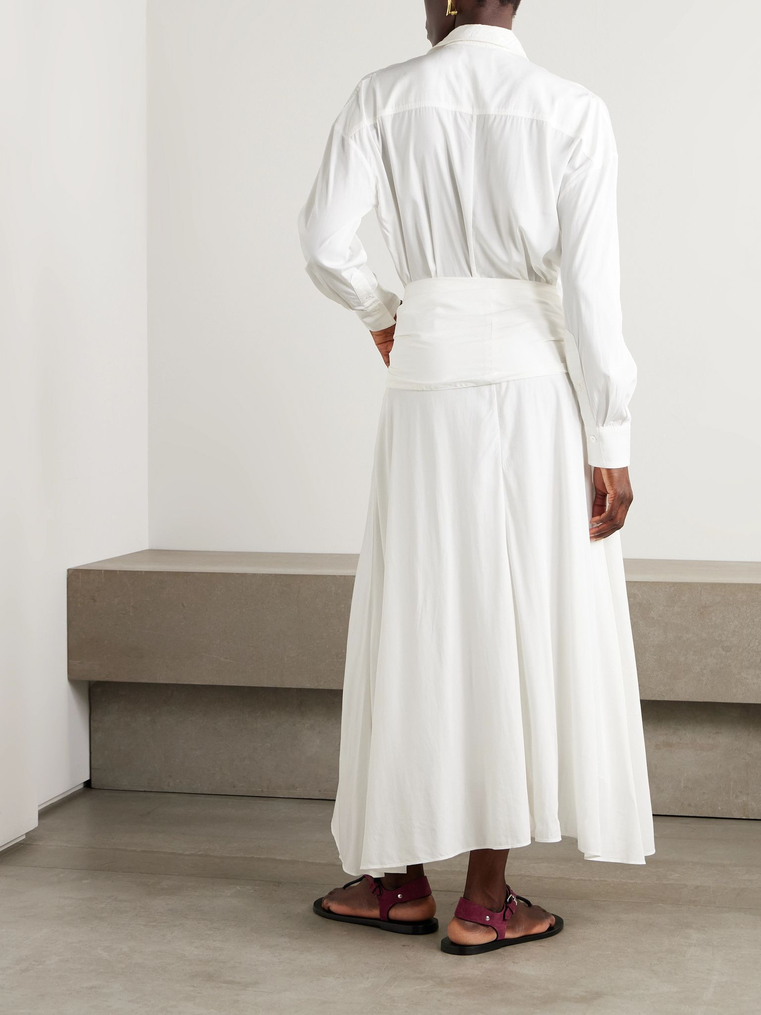 Samantha belted asymmetric modal-blend midi shirt dress White - 3