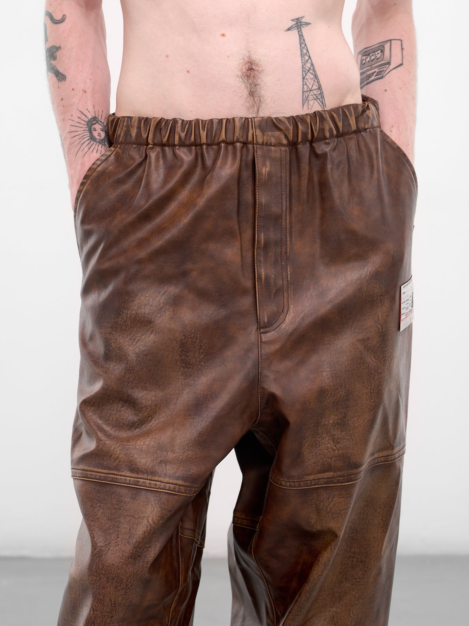 Brown Leather Elastic Waist Pants - 4
