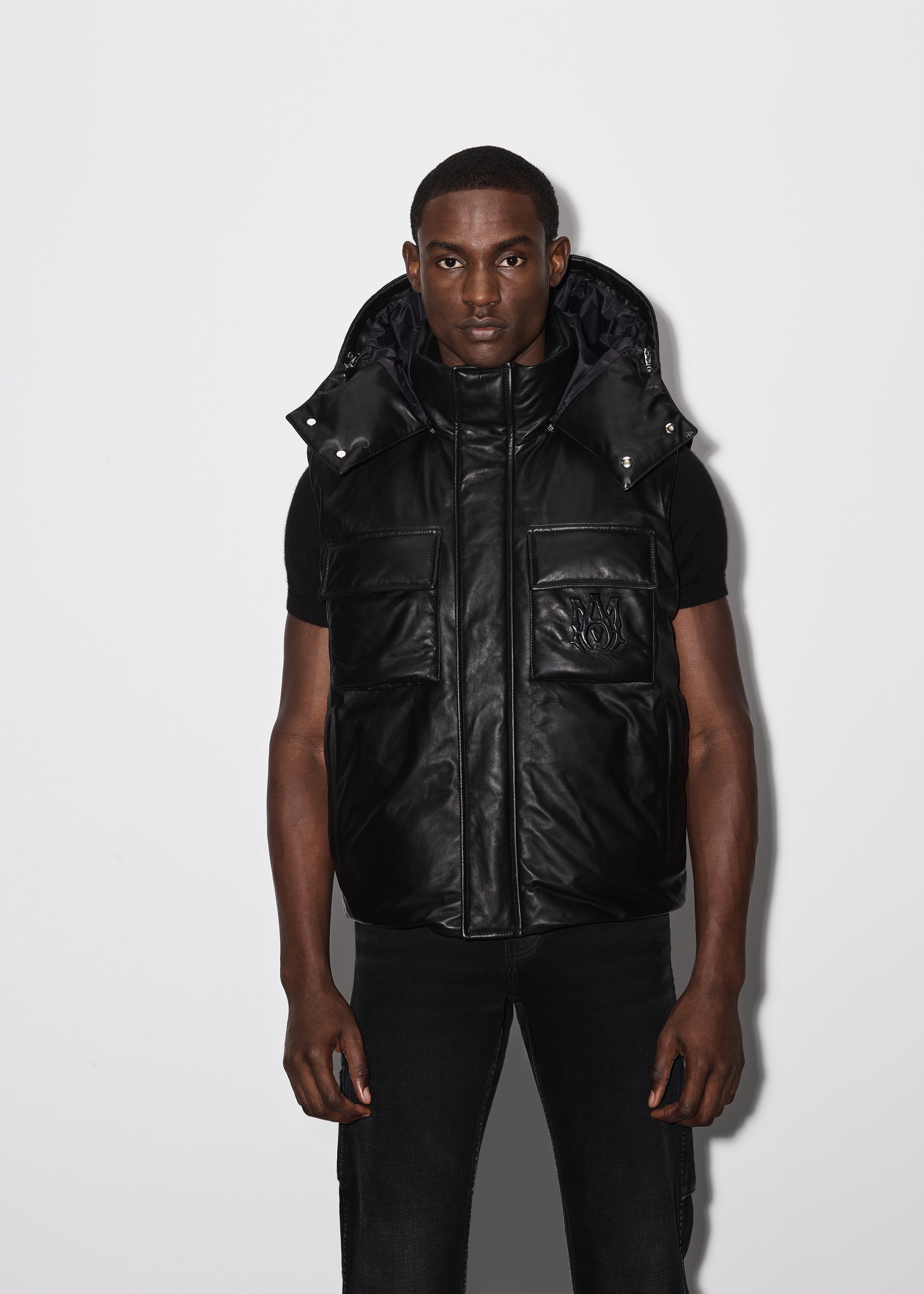 HOODED LEATHER DOWN GILET - 2
