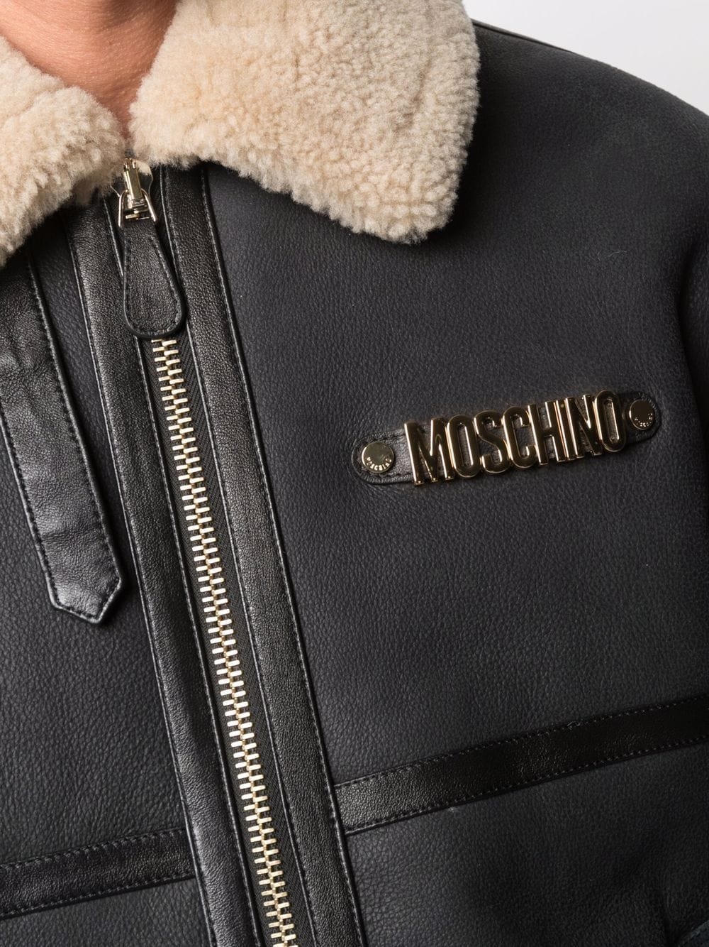 logo-plaque shearling jacket - 5