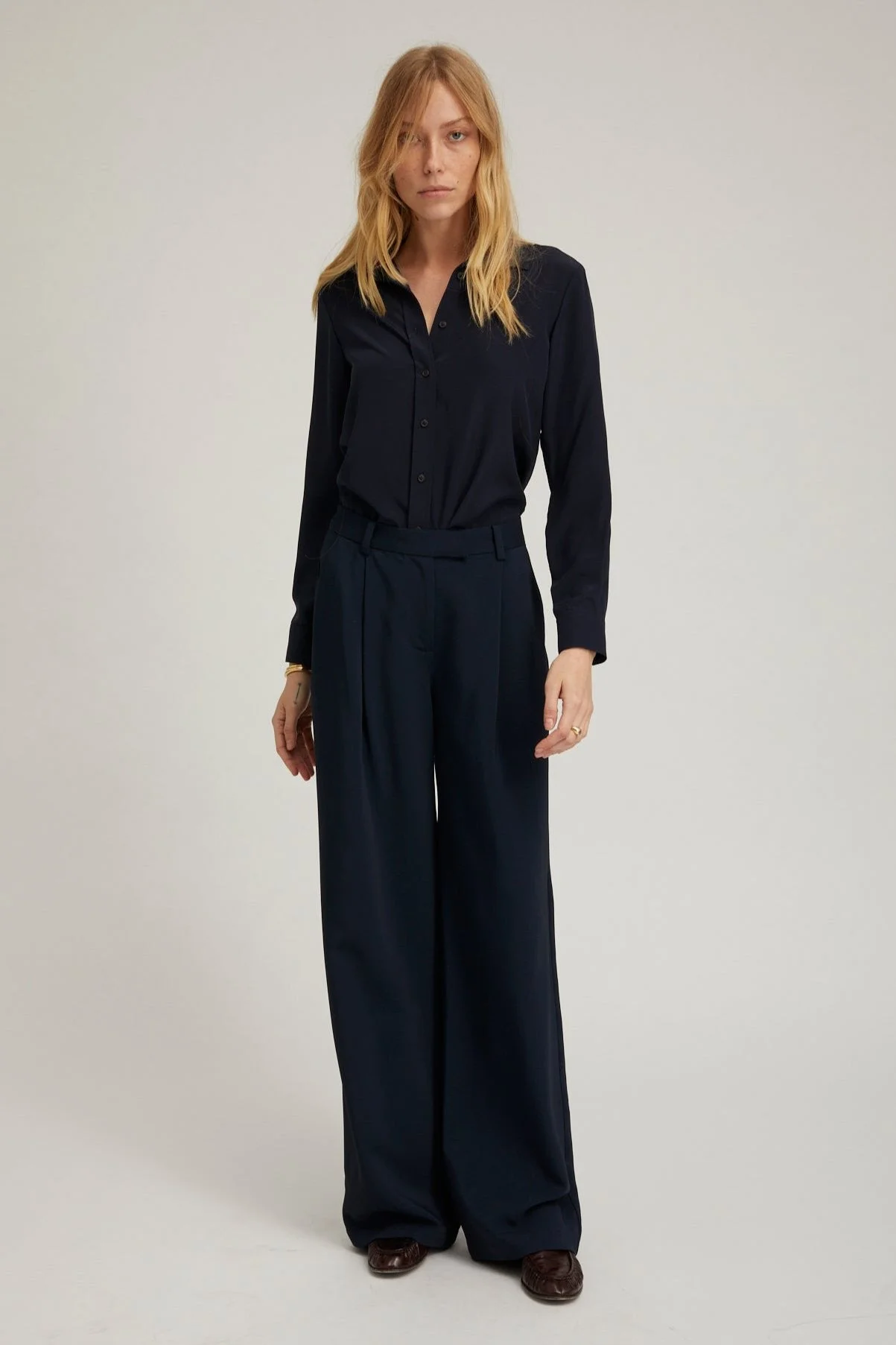 NAVY CREPE STRAIGHT LEG PLEATED TROUSERS - 1