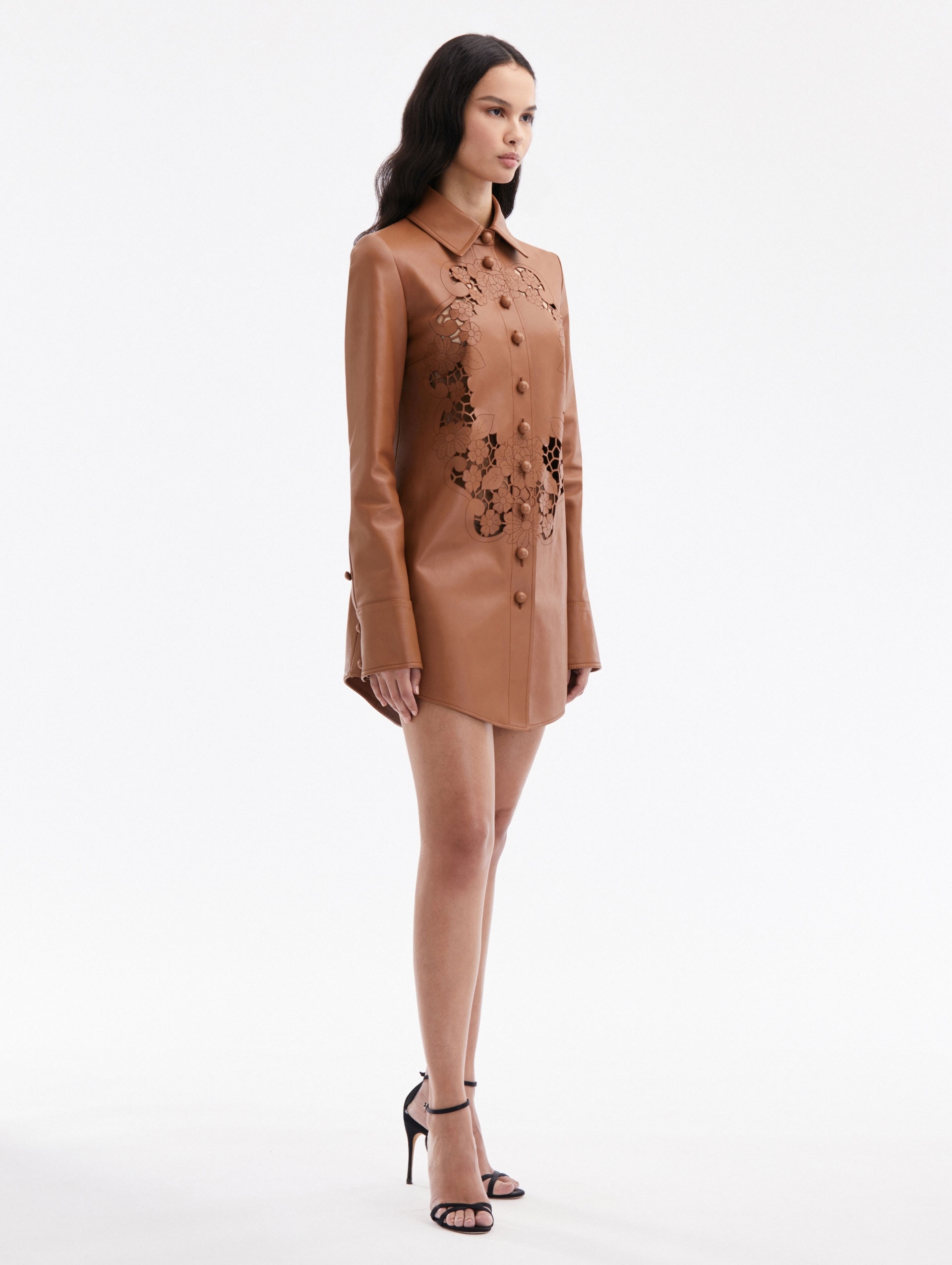 LASER CUT FLORAL LEATHER BLOUSE - 3