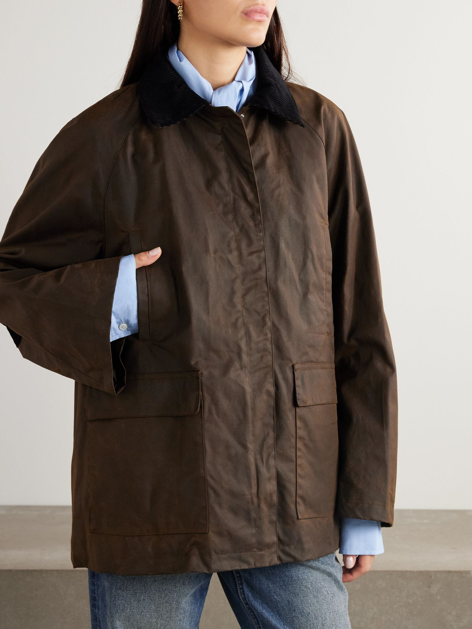 Oversized corduroy-trimmed waxed organic cotton jacket Brown - 3