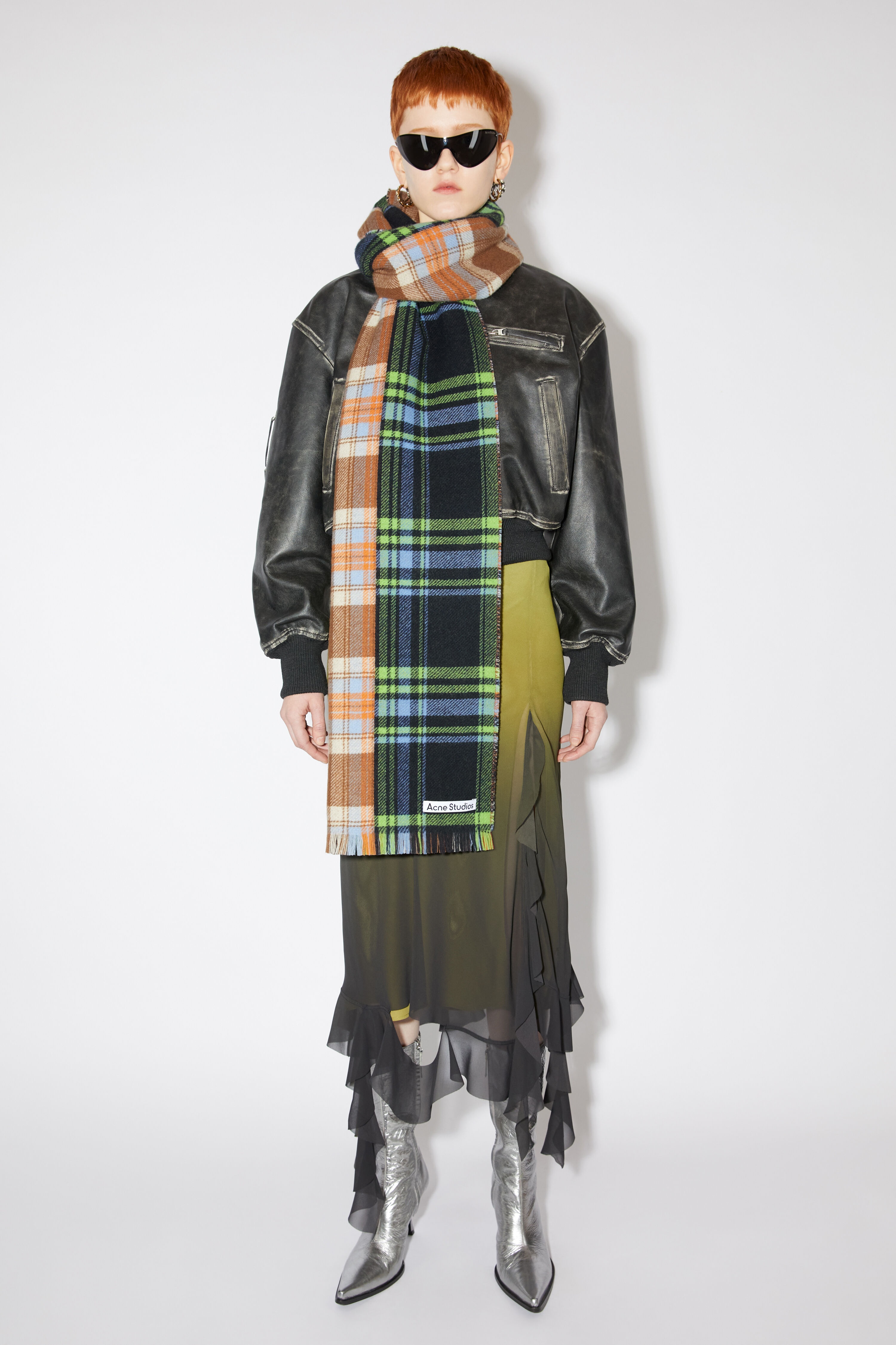 Mixed check wool scarf - Blue/green/orange - 2