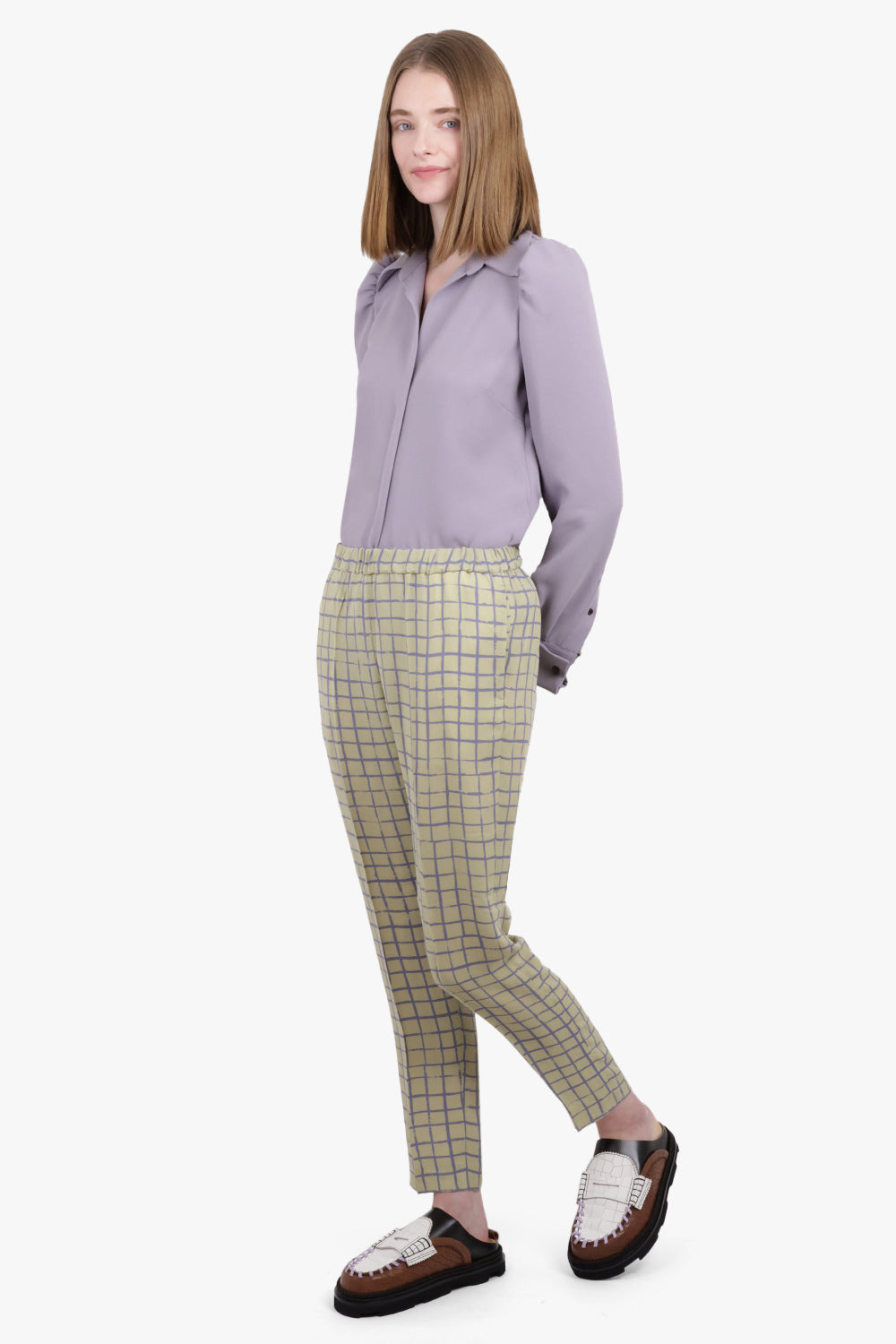 PALMIRA CHECK PRINT TAPERED PANT | BEIGE/LILAC - 2