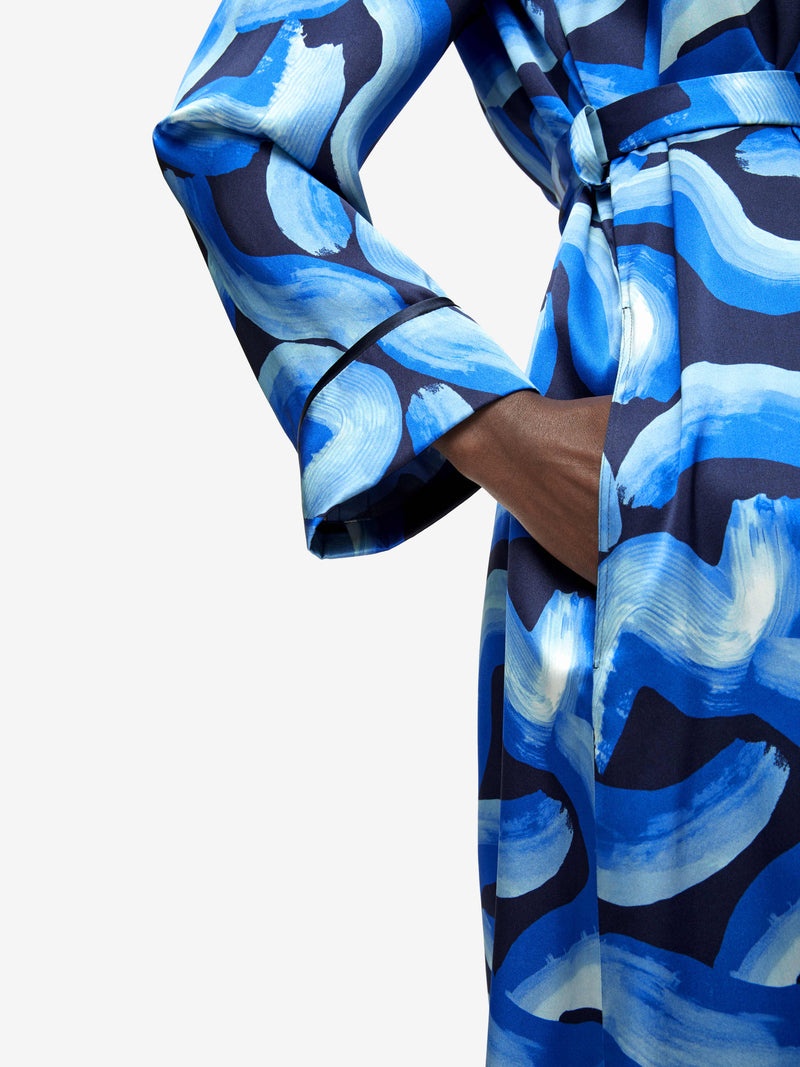 Women's Long Dressing Gown Brindisi 82 Silk Satin Blue - 6