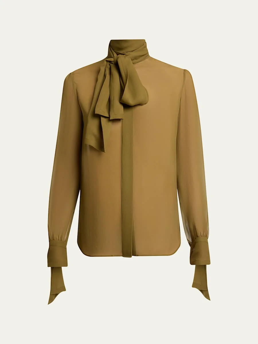 Lavalliere Silk Long-Sleeve Blouse - 1