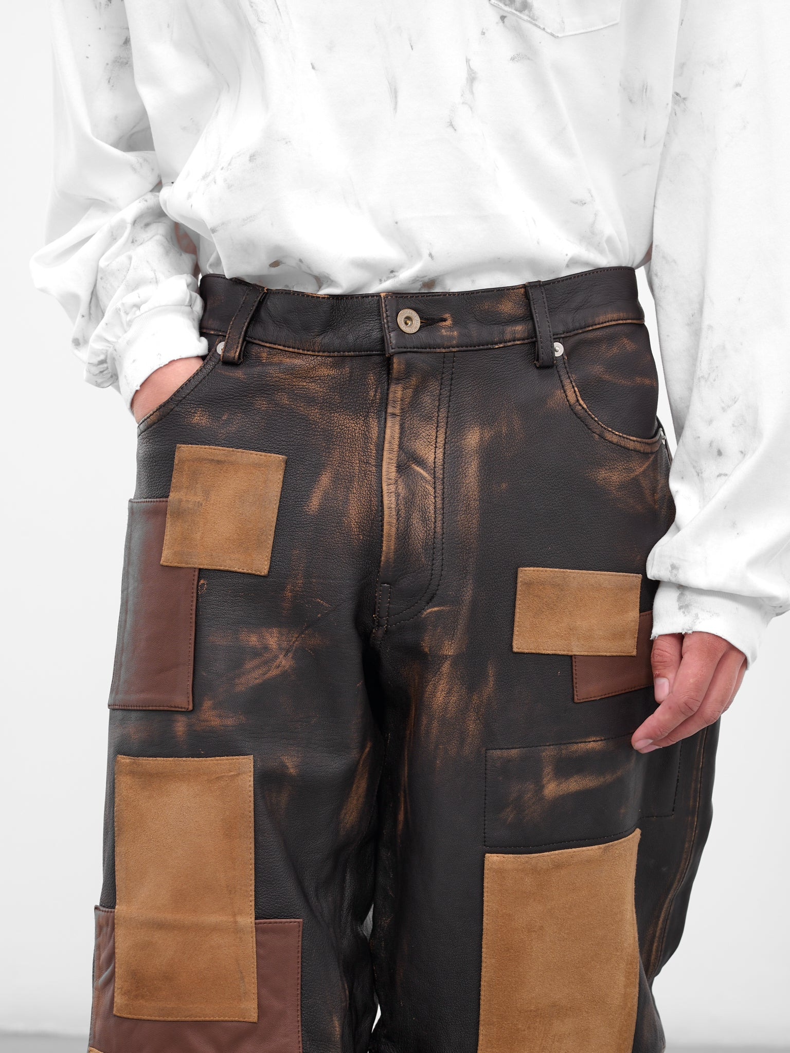 Worn Black Patchwork Leather Trousers - 4