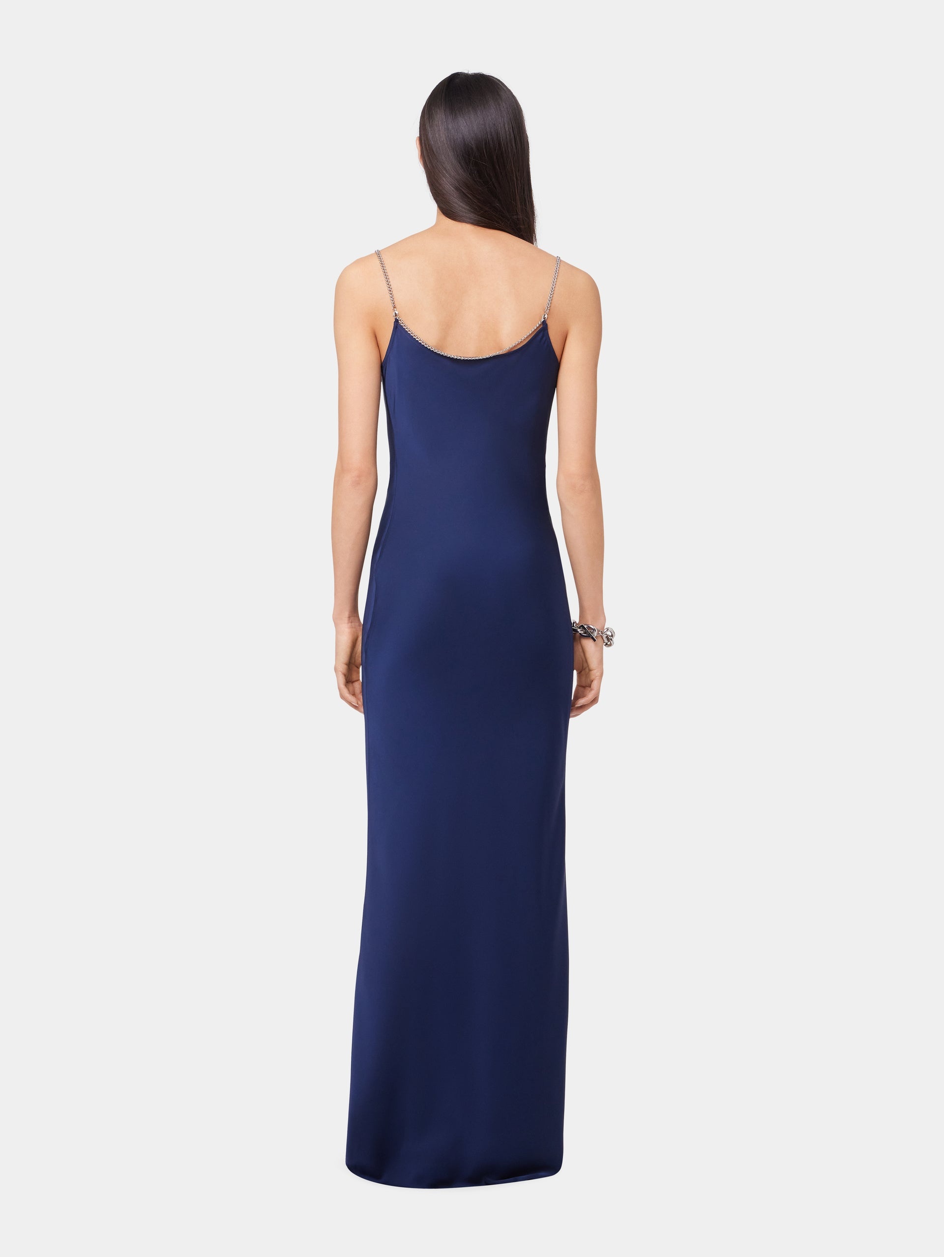 BLUE NAVY LONG SLEEVELESS DRESS IN SATIN - 5