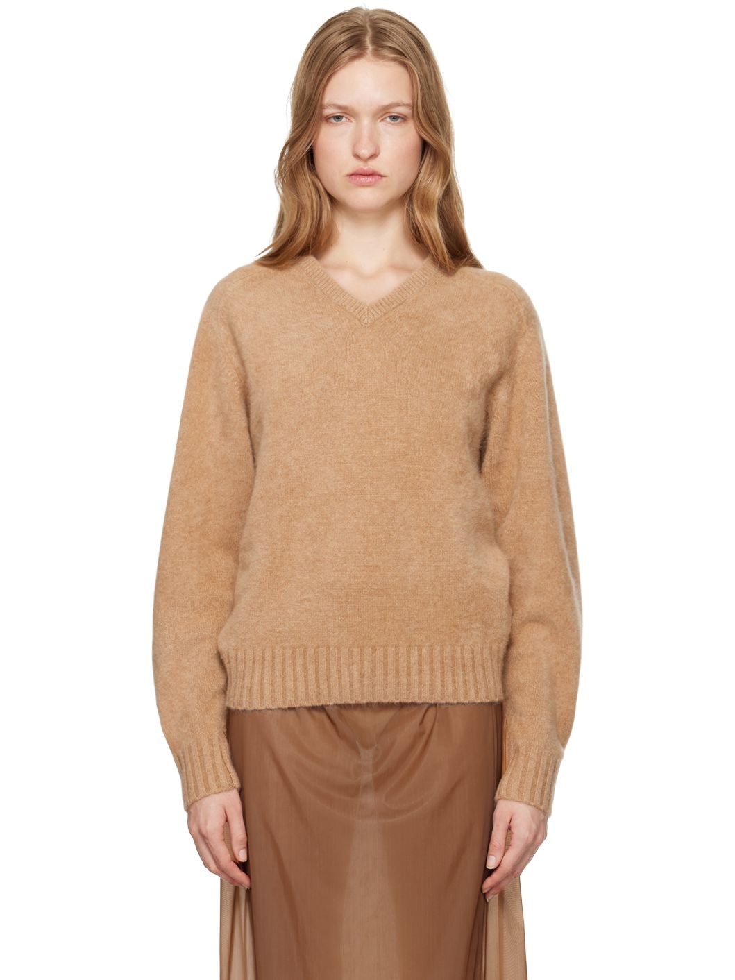 Beige V-Neck Brushed Cashmere Sweater - 1