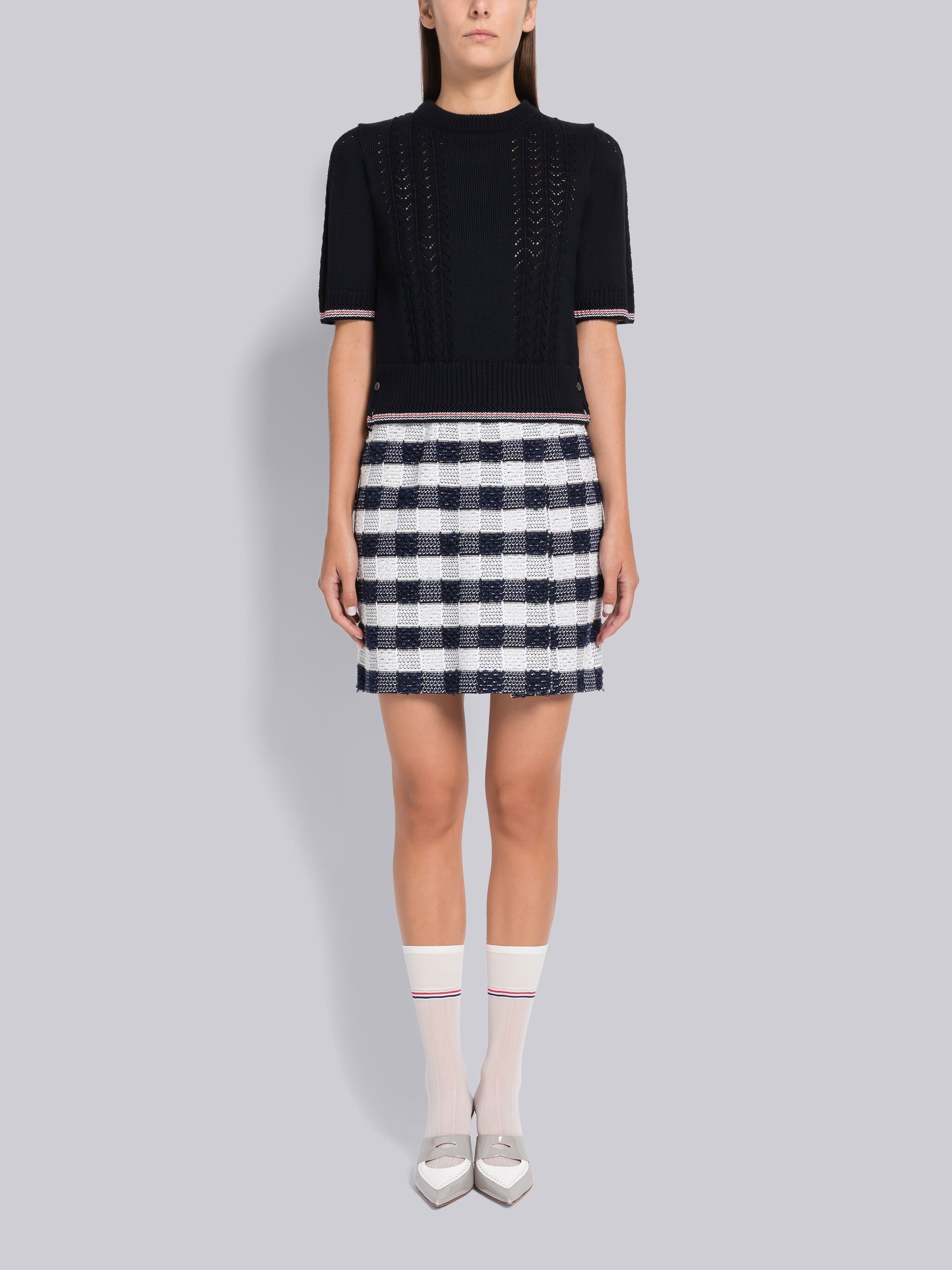 Gingham Inlay Stripe Side Pleat Mini Skirt - 4