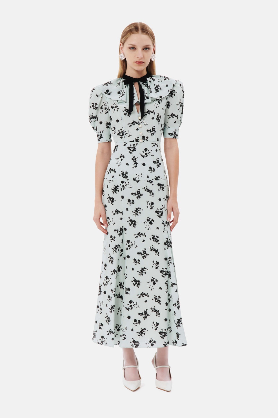 ROSE PRINT SILK DRESS WITH VOLANT COLLAR AND BOW - 4