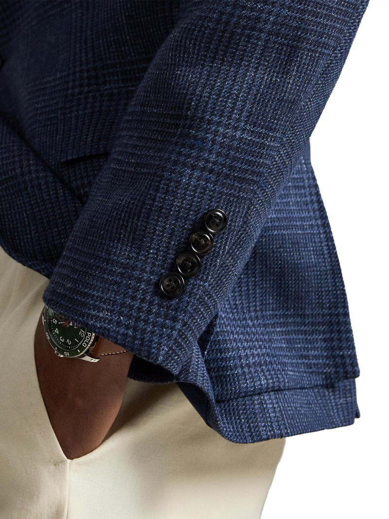 Men's Glen Checked Linen Single-Breasted Blazer - Navy Dark Navy 7