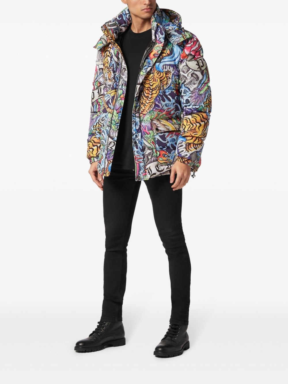 tattoo-print hooded puffer jacket - 2