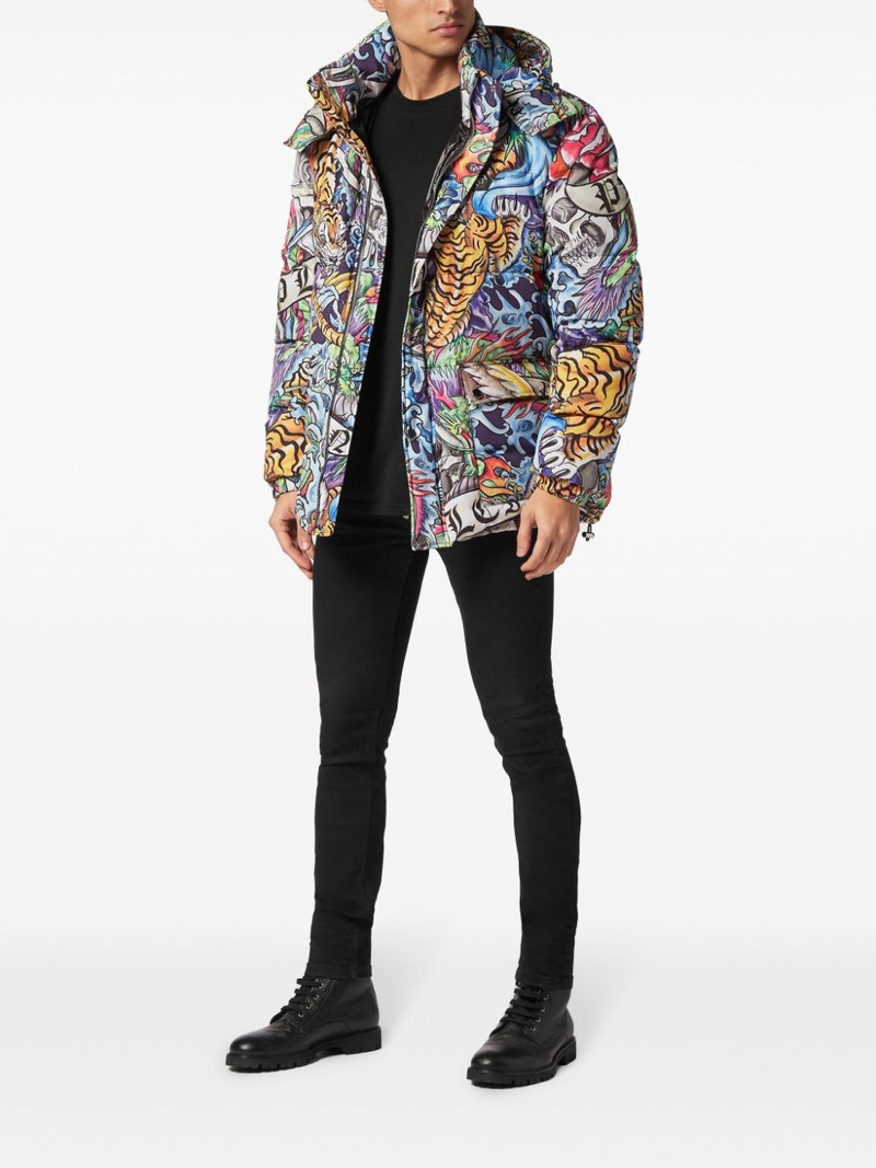 PHILIPP PLEIN tattoo-print hooded puffer jacket outlook