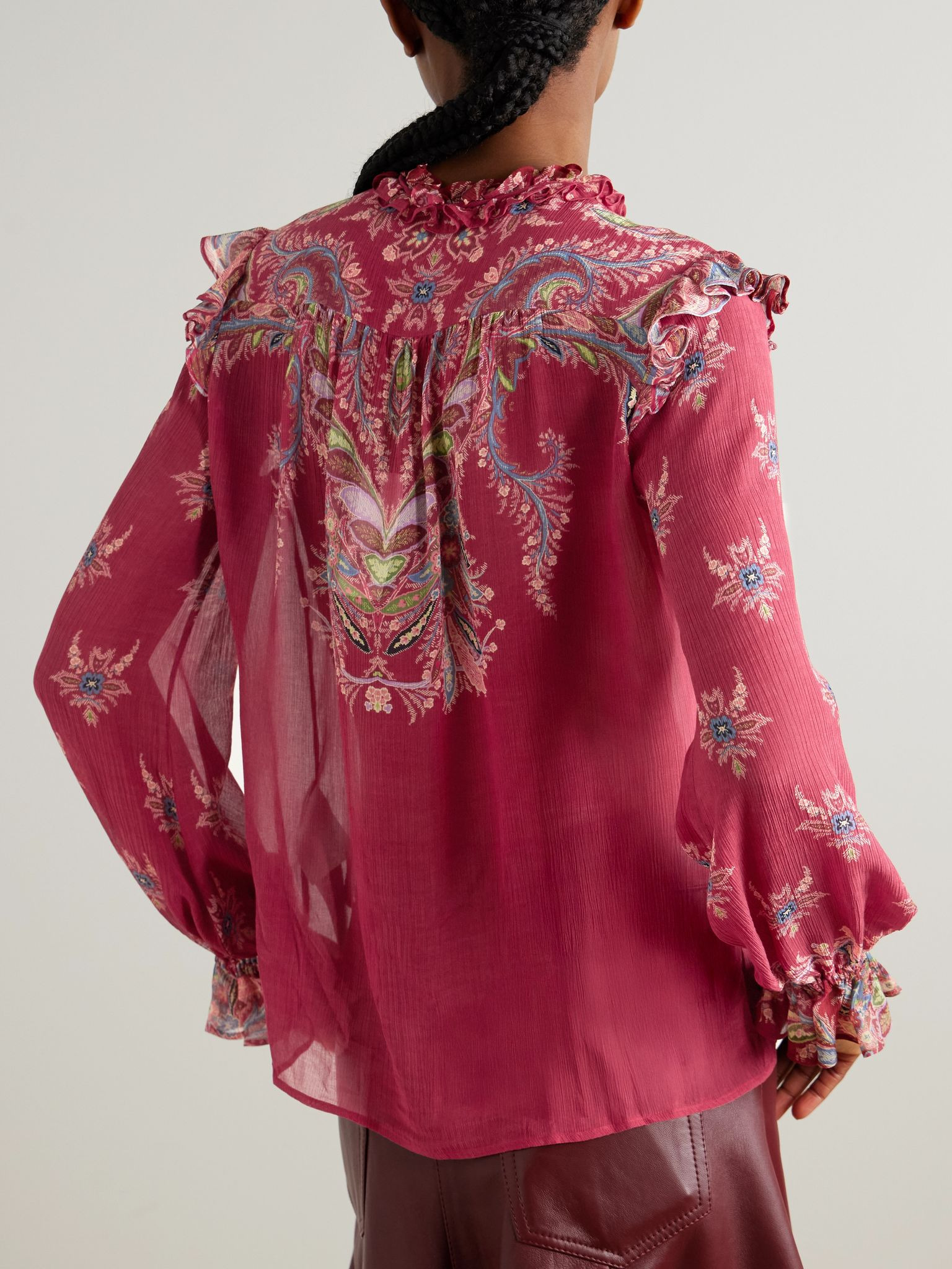 Boho ruffled printed chiffon blouse Red - 4