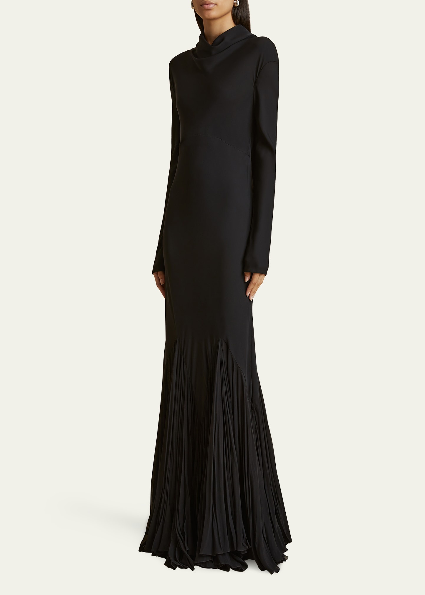 Metin Cowl-Neck Long-Sleeve Pleated Mermaid Gown - 4