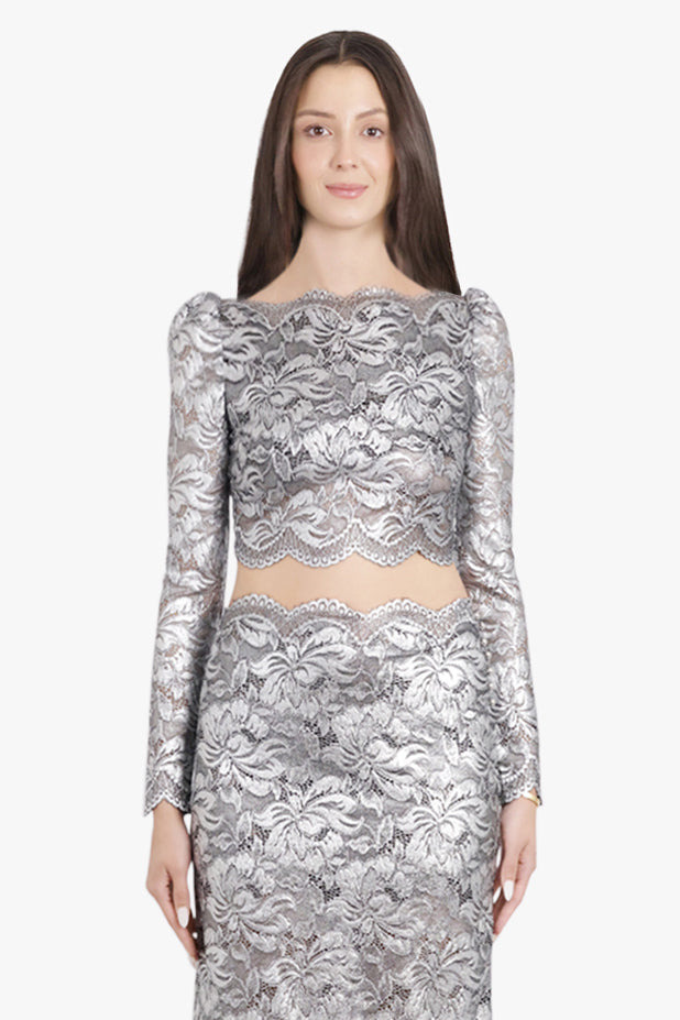 METALLIC CROPPED LACE L/S TOP | SILVER - 3