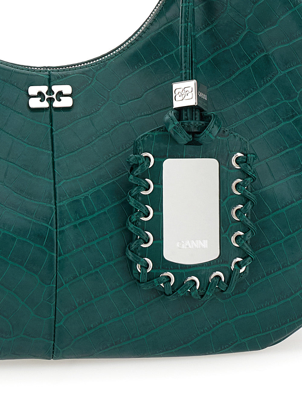 Ganni Women 'Medium Bou' Green Shoulder Bag With Crocodile Leather Effect And Logo Plaque In Leather - 5
