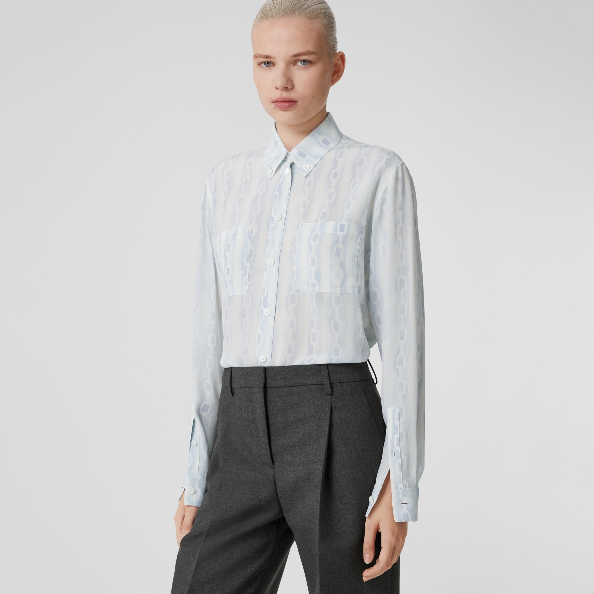 Button-down Collar Chain Print Silk Oversized Shirt - 4