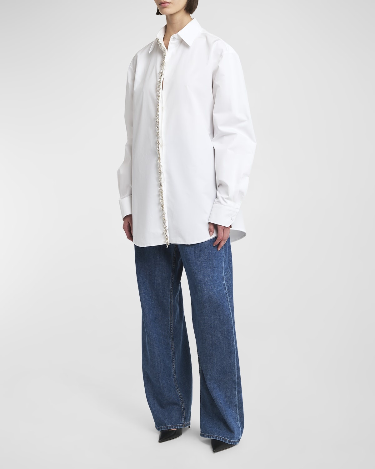 Poplin Button-Front Shirt with Crystal Trim Placket - 3