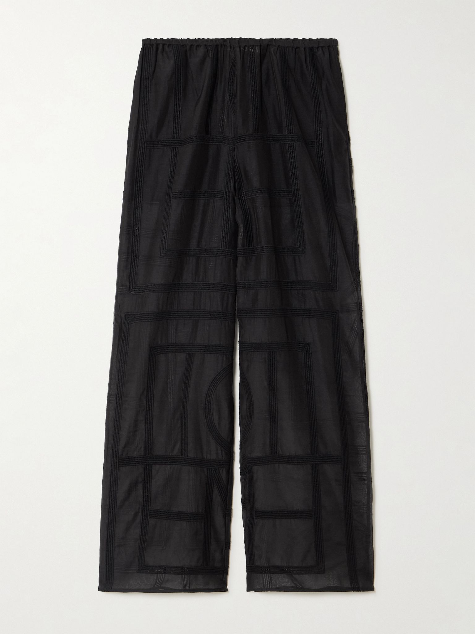 Embroidered organic cotton and silk-blend  voile wide-leg pants Black - 1