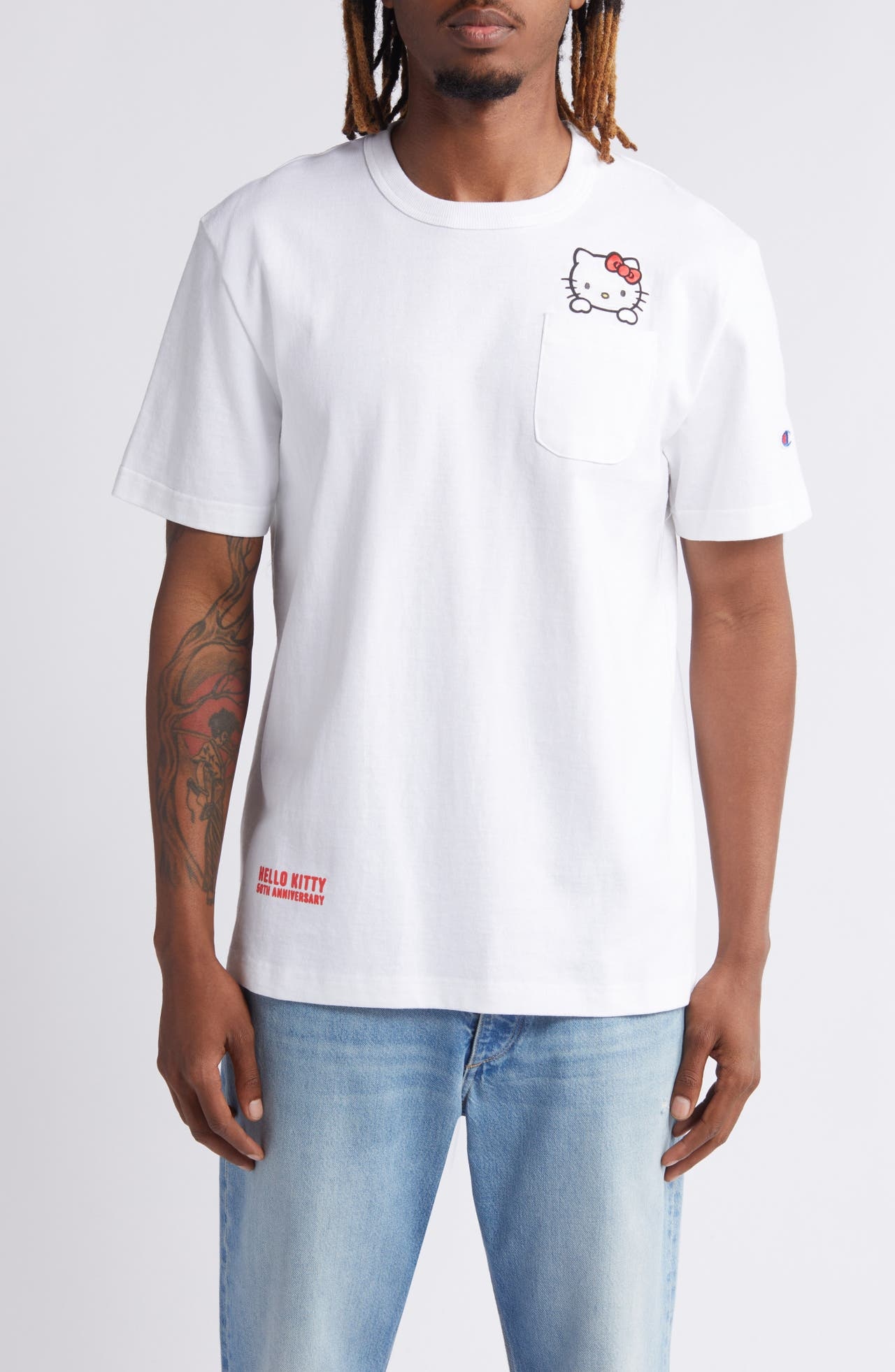 Champion x Sanrio Hello Kitty® 50th Anniversary Embroidered Pocket T-Shirt in White at Nordstrom - 1