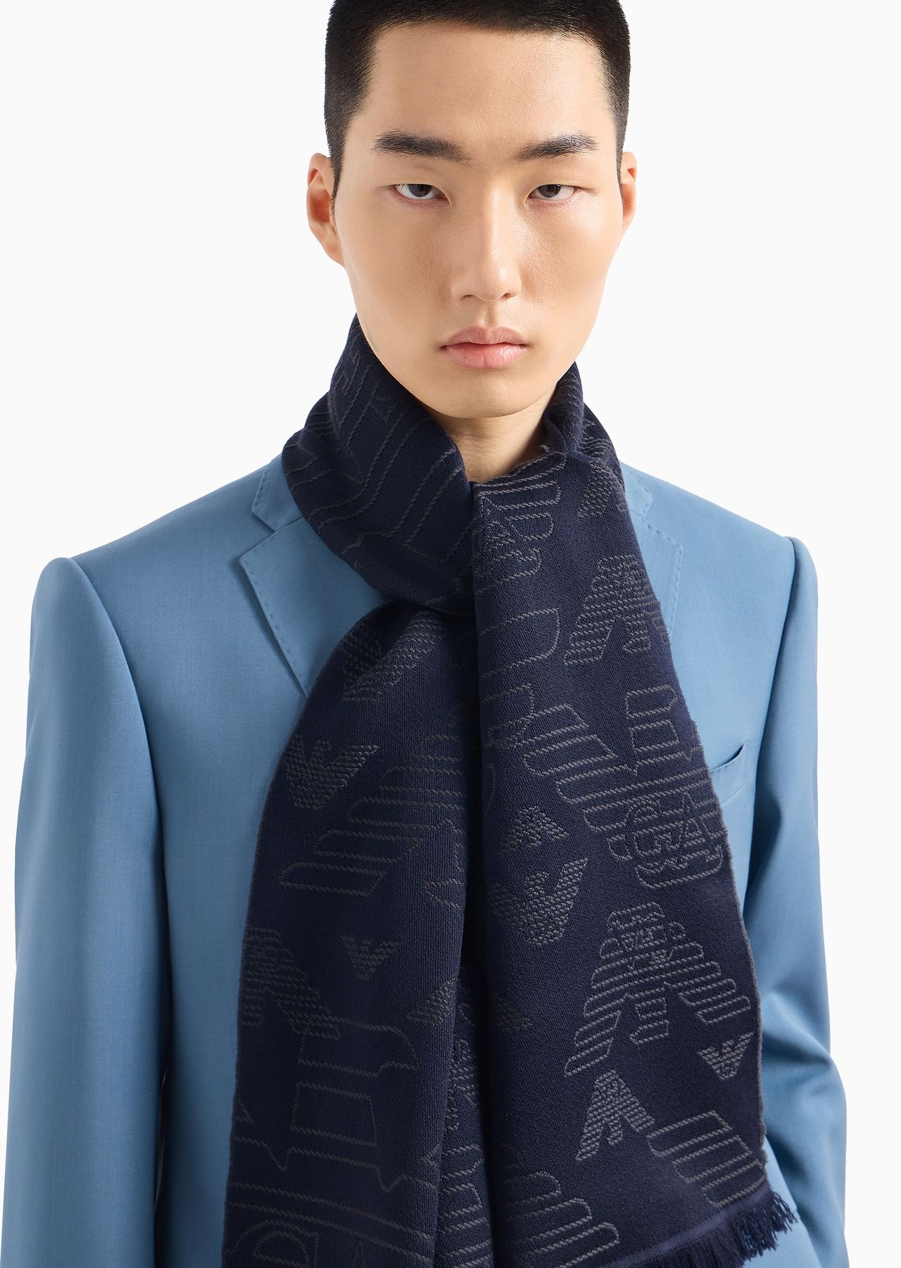 Wool scarf with all-over jacquard eagle - 3