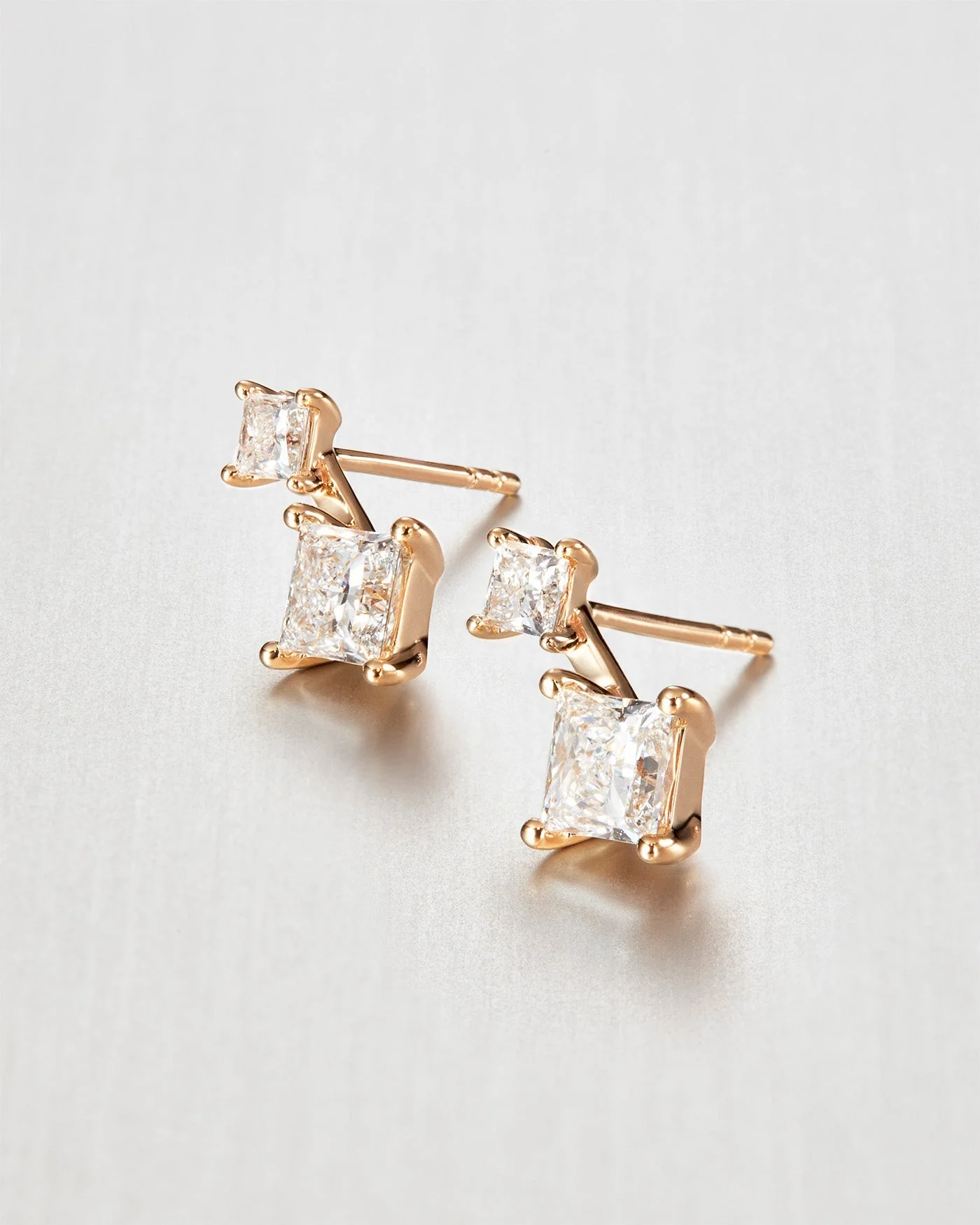 14K Princess Cut Double Diamond Drop Earrings - 1