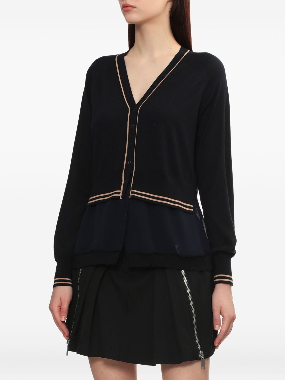 chiffon-hem V-neck wool cardigan - 3