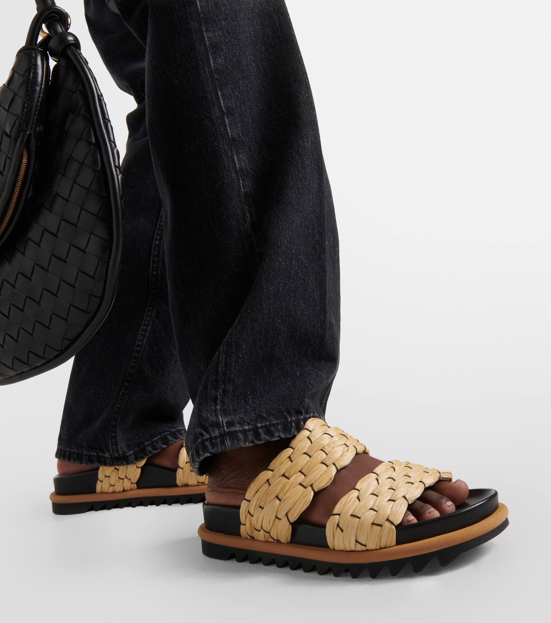 Woven and raffia and leather slides - 4