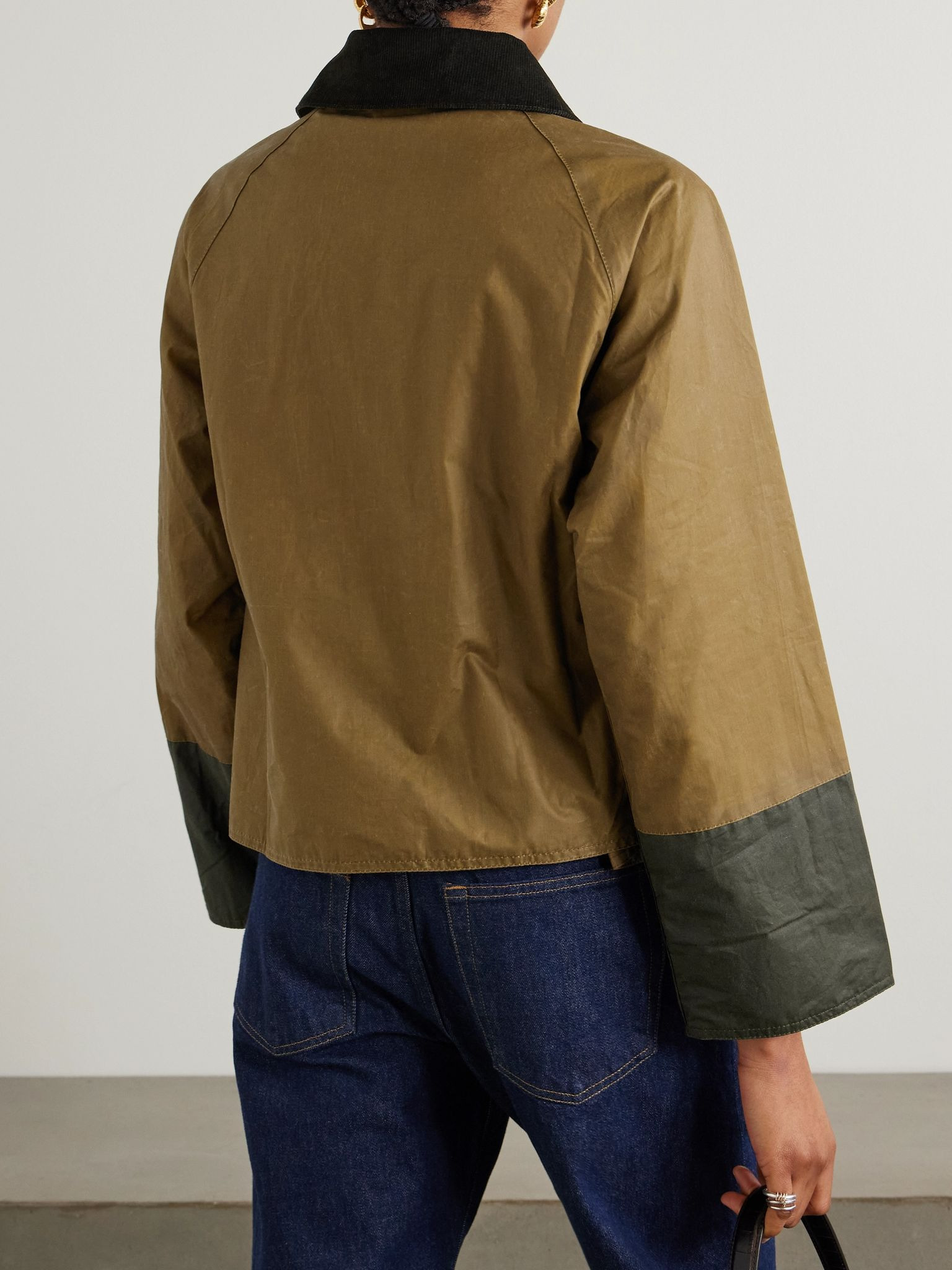 Alma cropped corduroy-trimmed patchwork waxed-cotton jacket Brown - 3