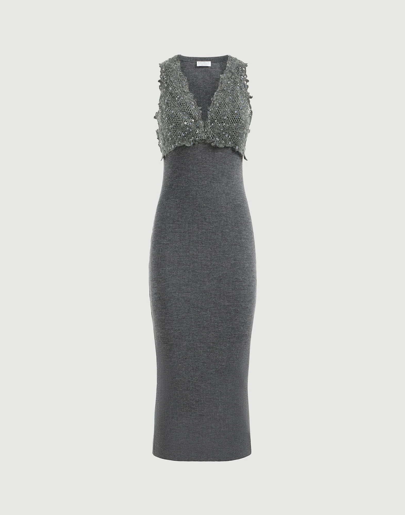 Ribbed wool jersey dress with dazzling lace embroidery - 1