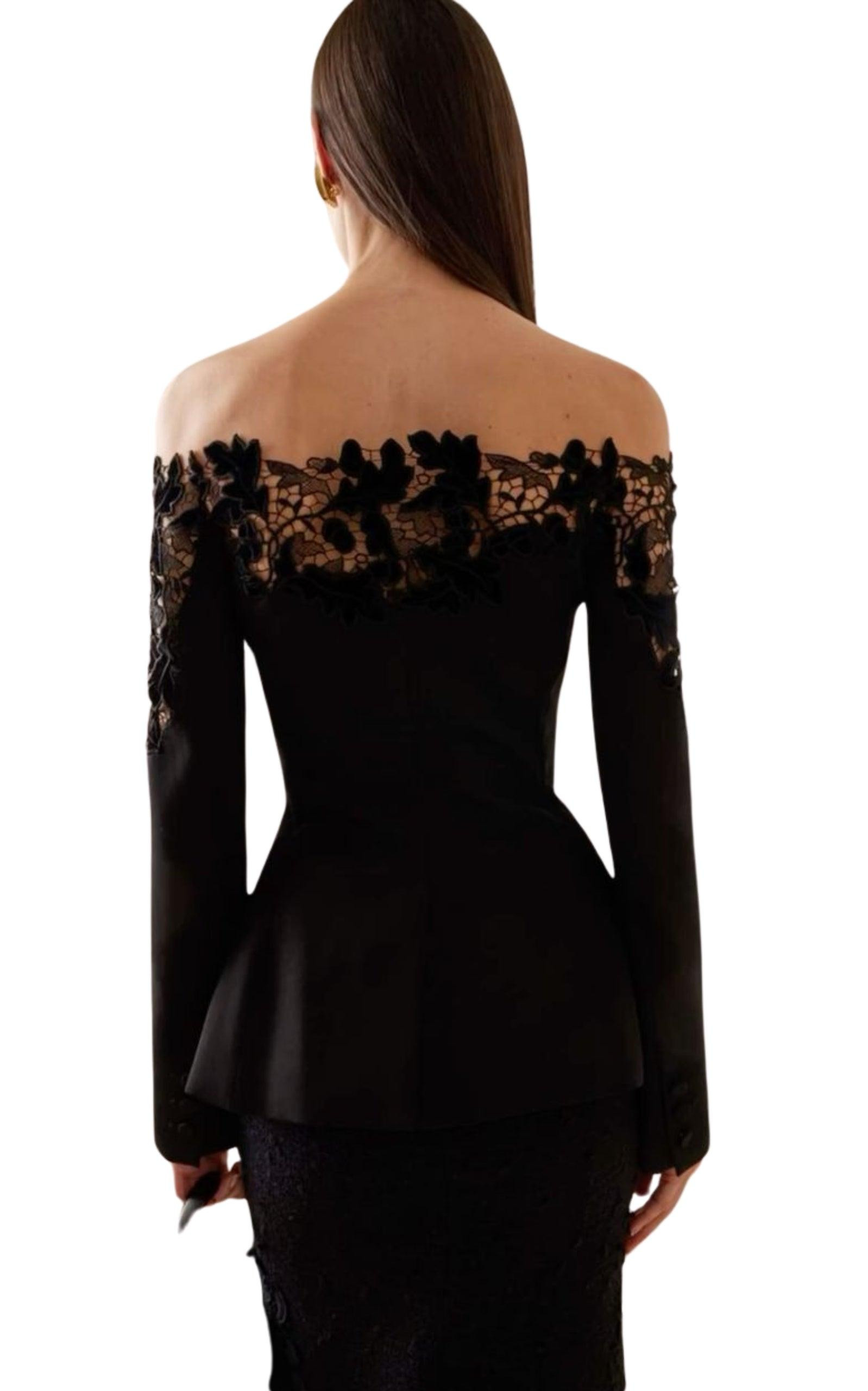 Off-Shoulder Velvet Guipure Lace Blazer - 4