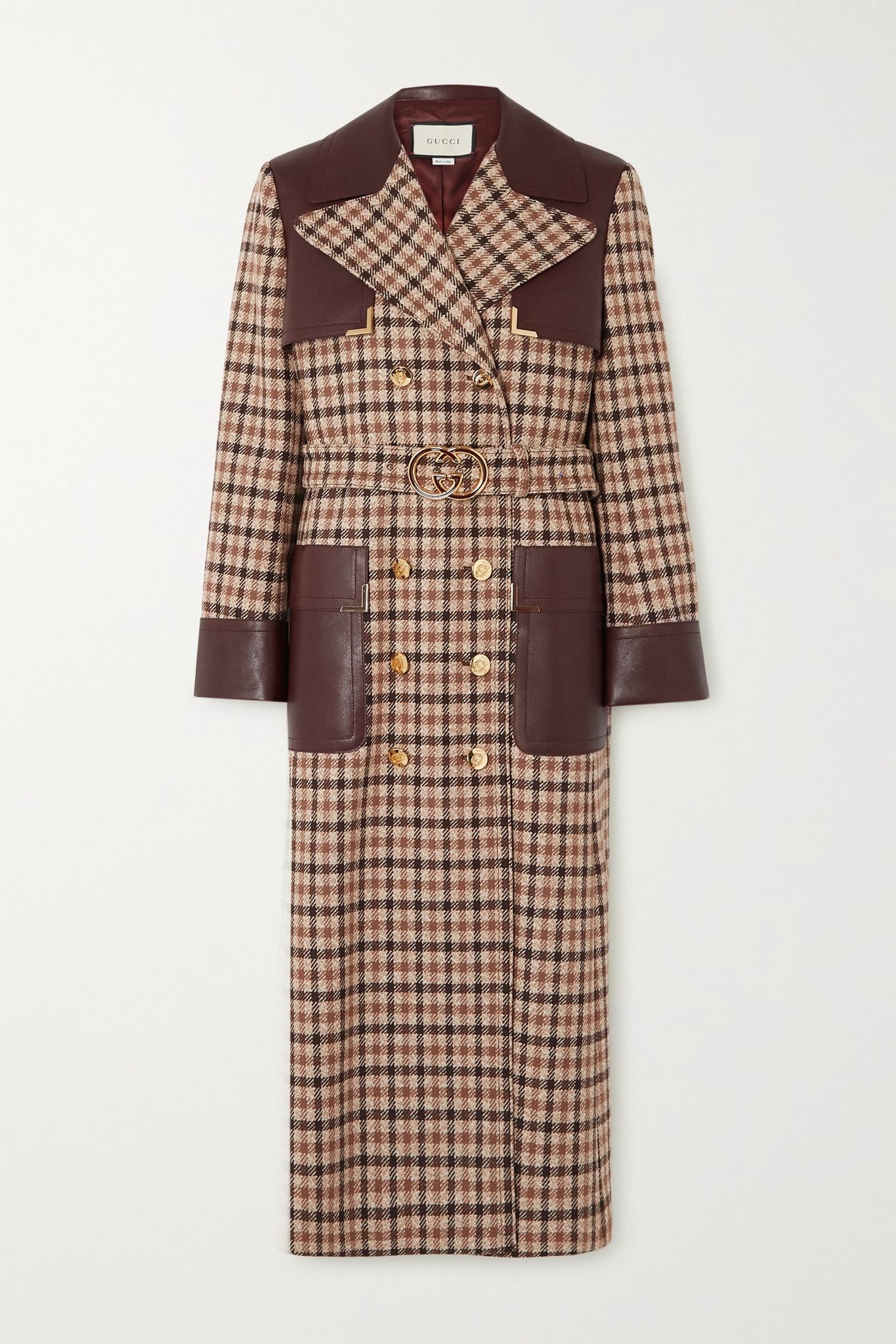 Belted leather-paneled checked wool-blend trench coat - 1