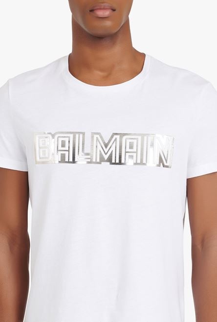 White eco-designed cotton T-shirt with embossed silver Balmain Paris logo - 3